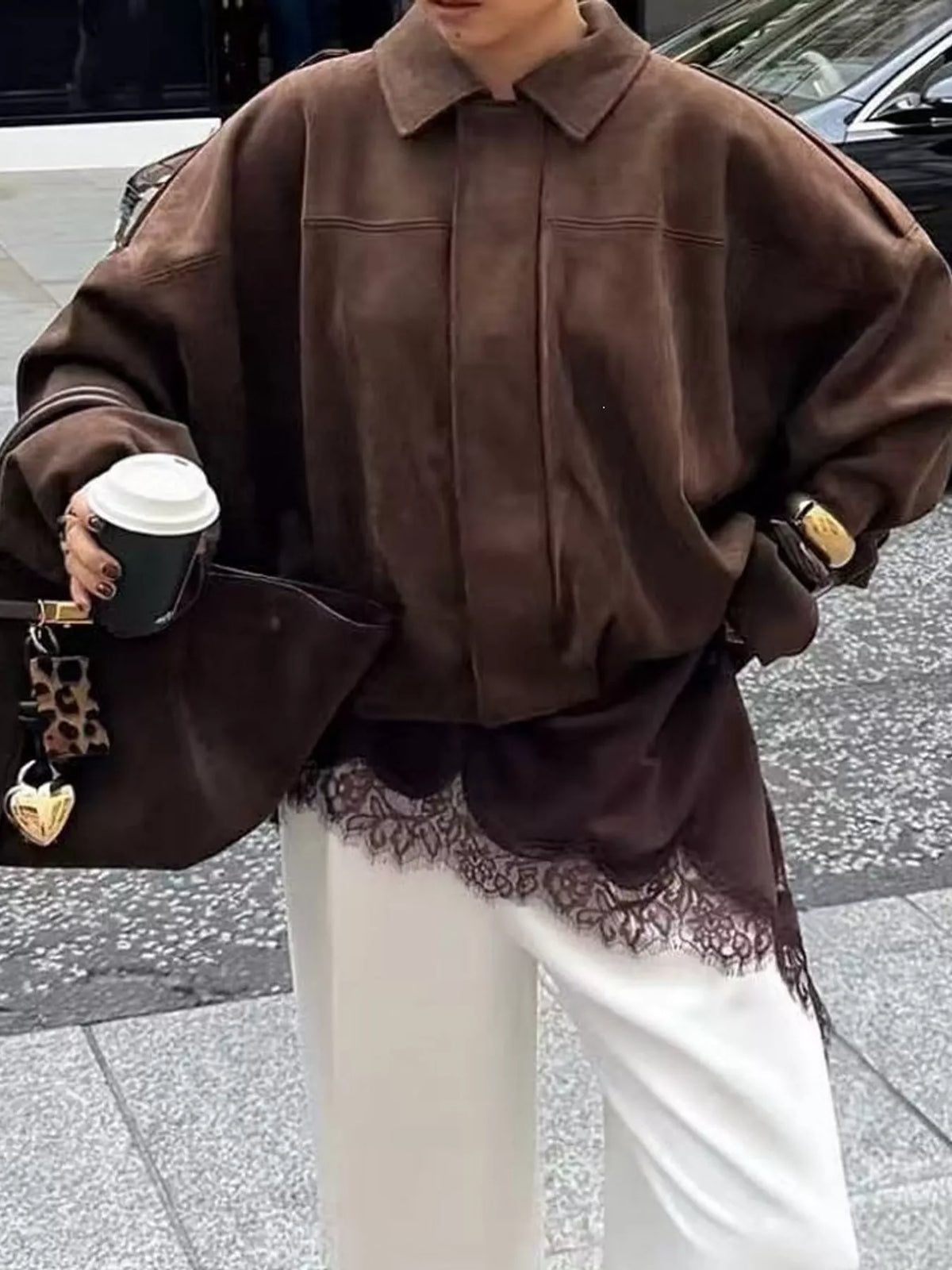 Brown elastic hem batwing sleeve jacket