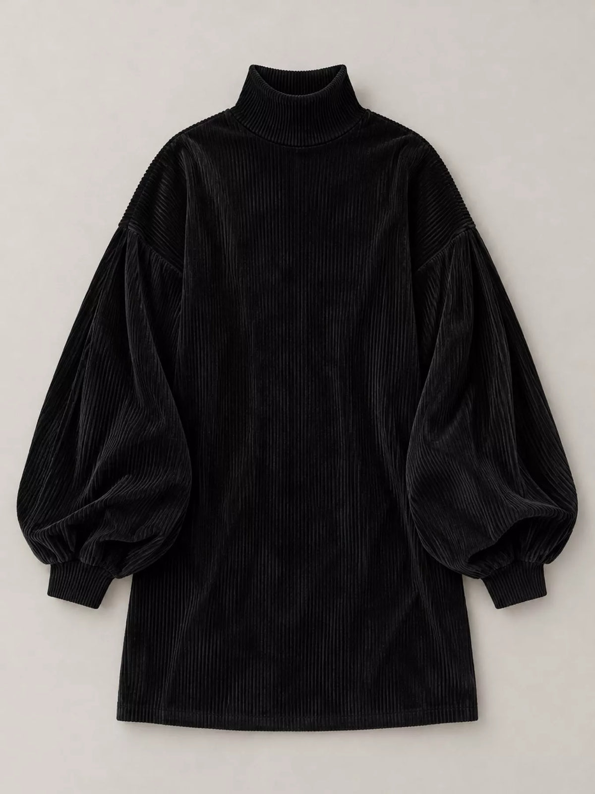 Corduroy Mock Neck Lantern Sleeve Mini Dress in black, front view