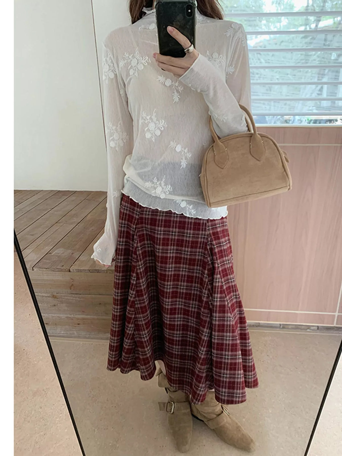 Sheer Floral Embroidered Mock Neck Blouse — front view