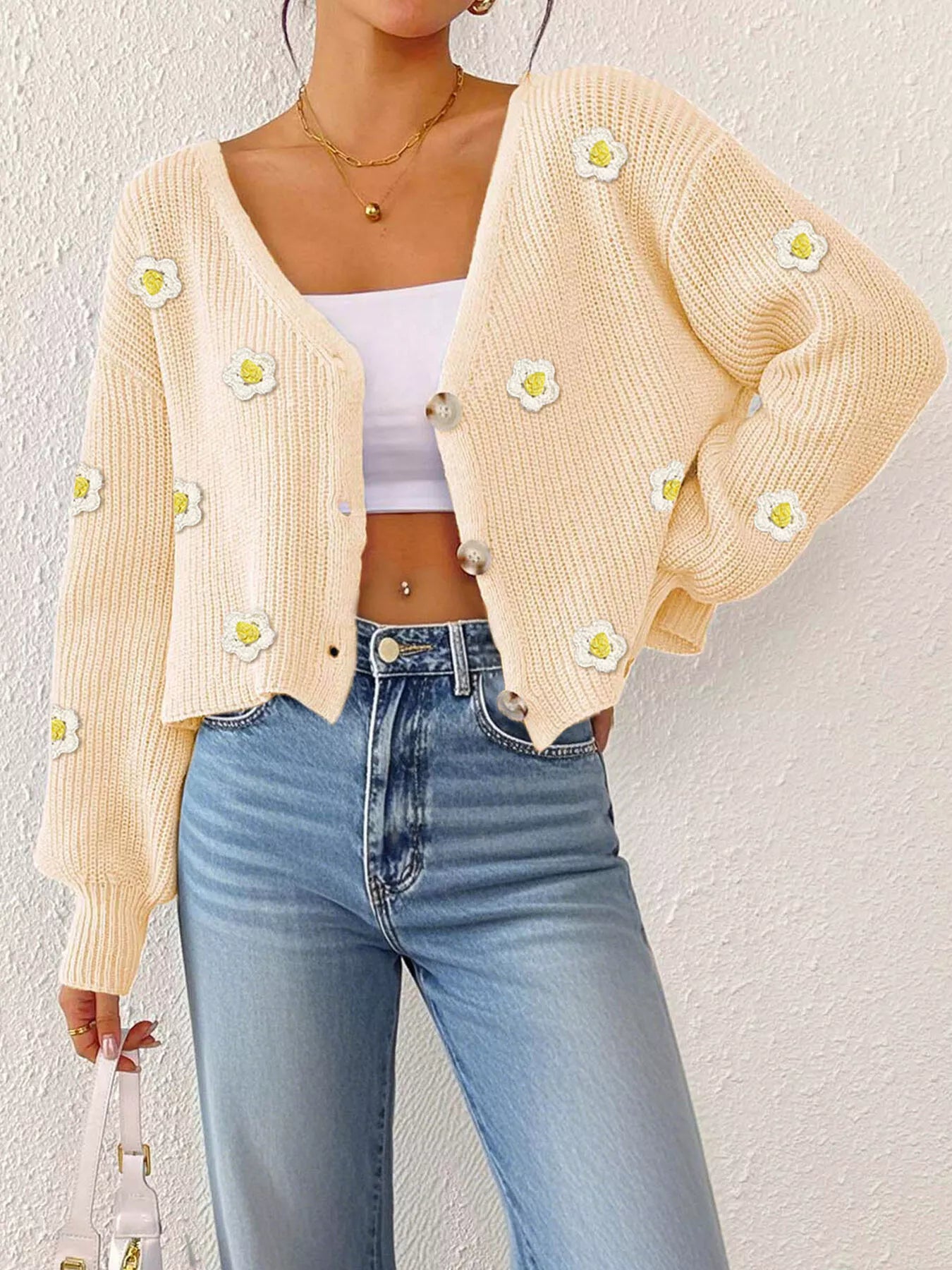 Floral V-neck button-down cropped cardigan