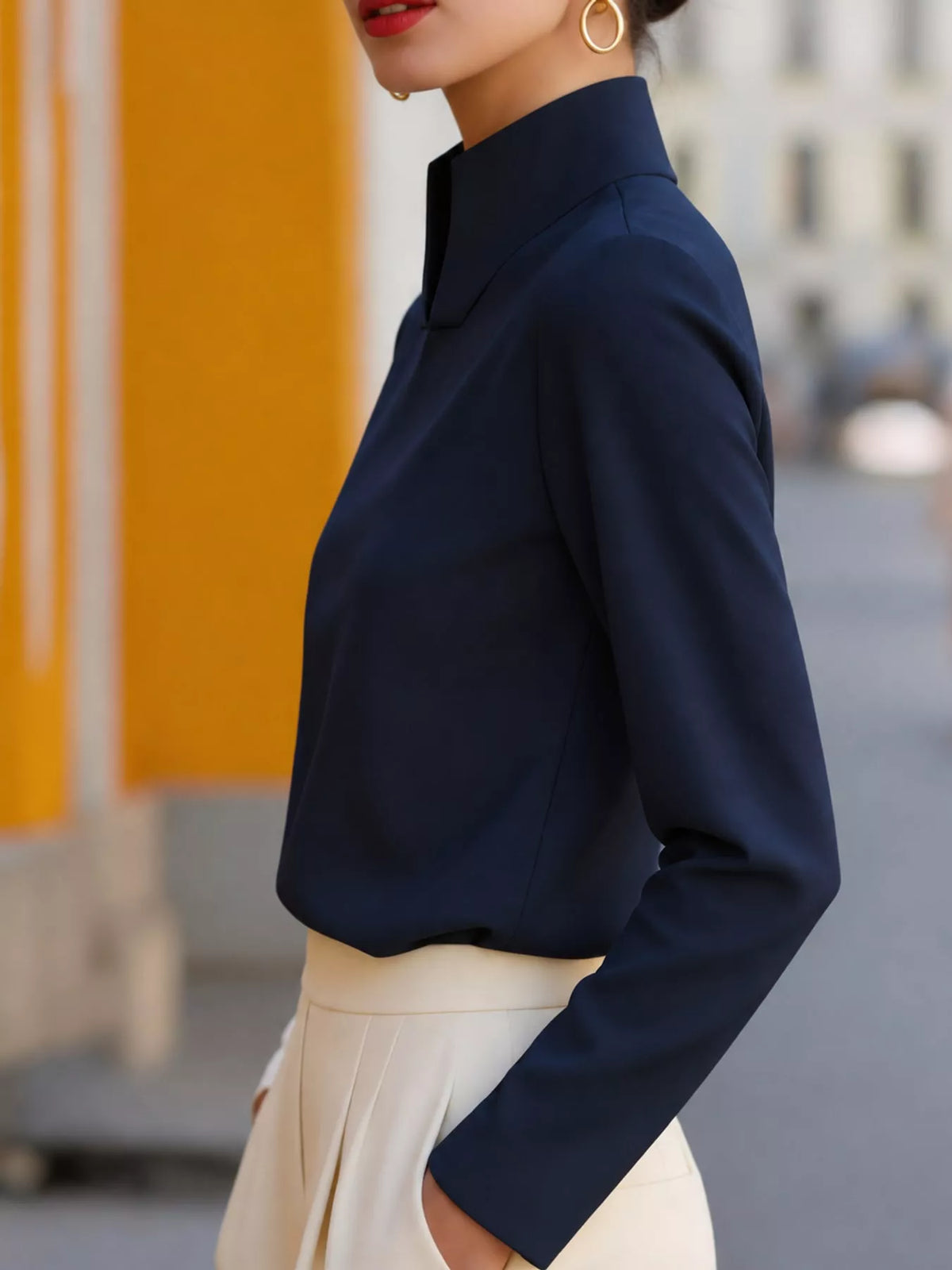 Mandarin neck long sleeve blouse, side view