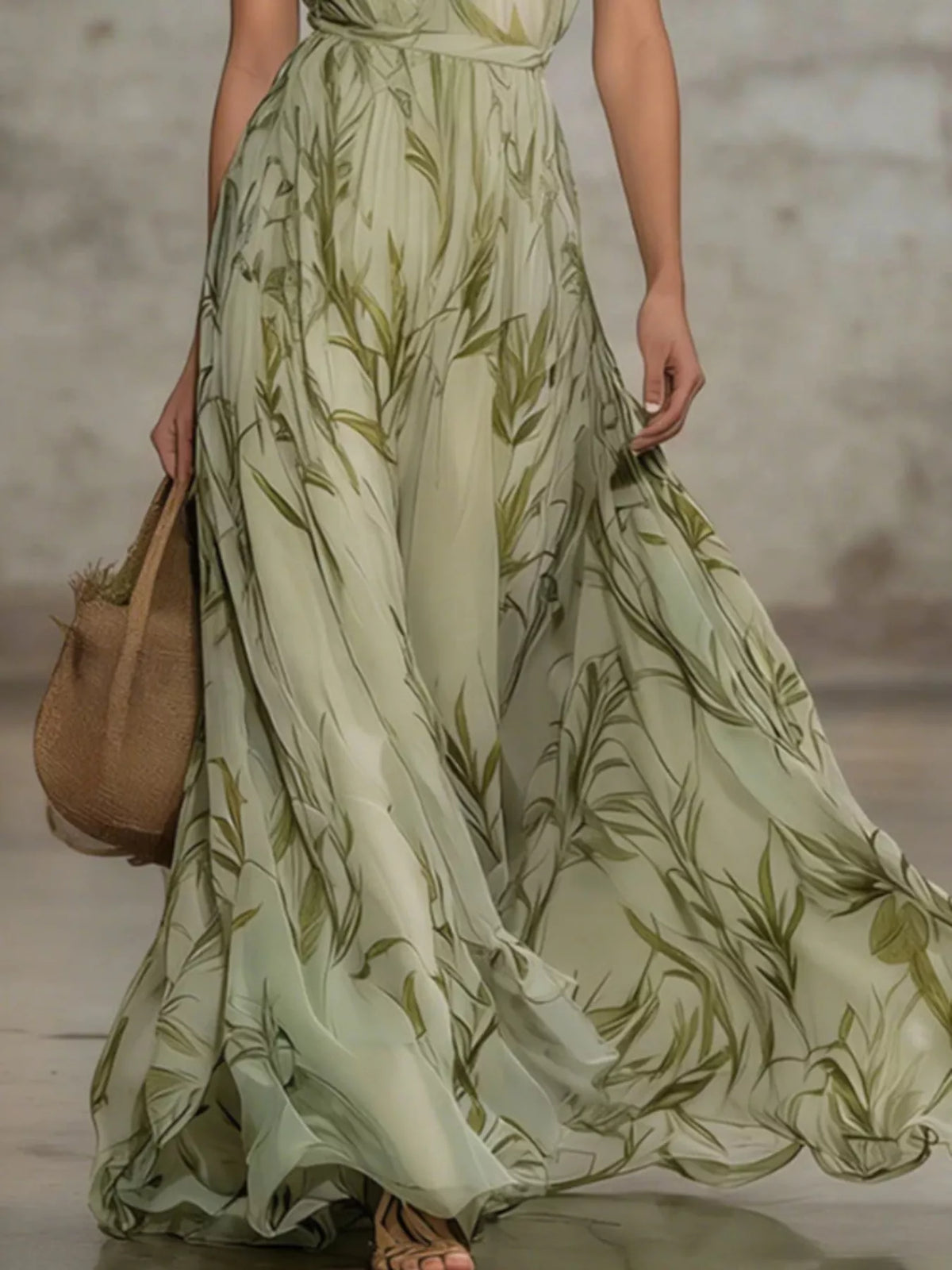 Trendsi Leaf Print Sleeveless Chiffon Maxi Dress -