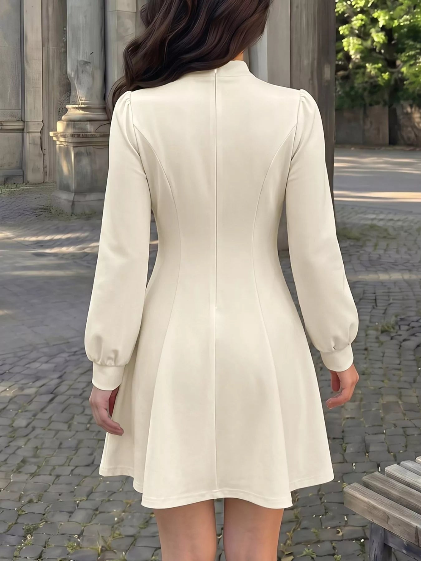 Trendsi Keyhole Neckline Long Sleeve A-Line Mini Dress -