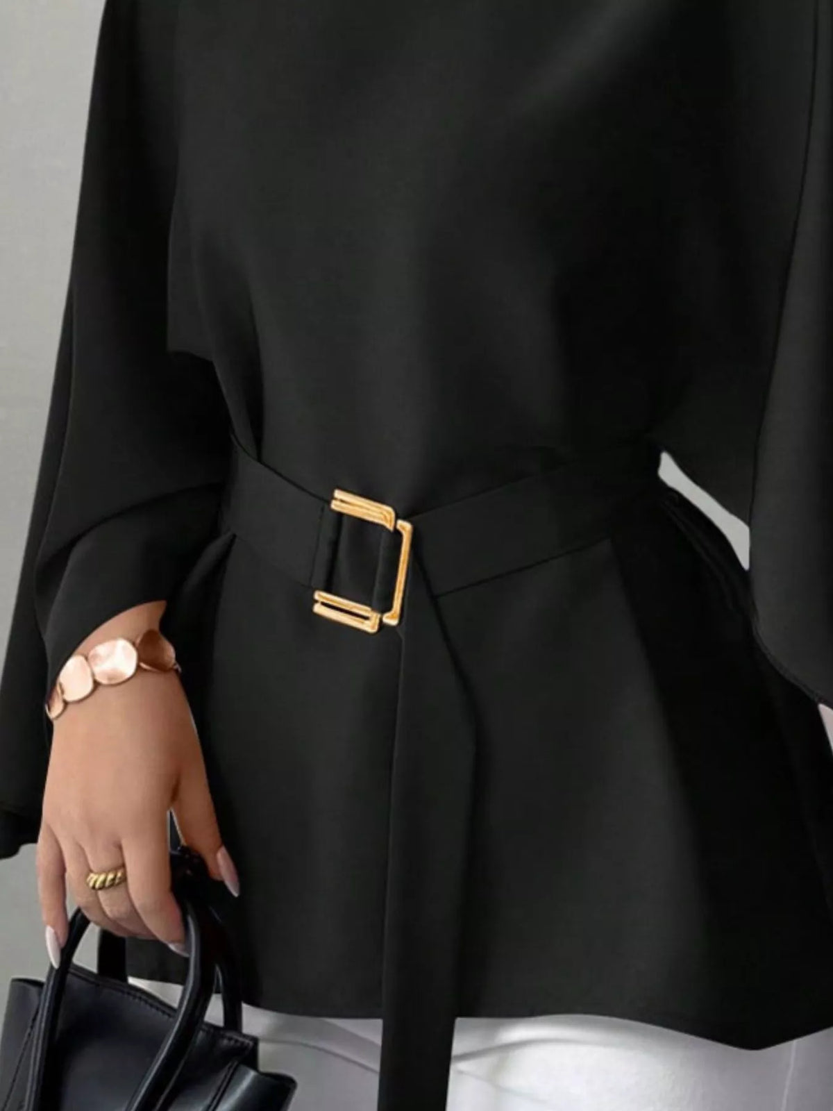 Round-neck belt batwing-sleeve blouse