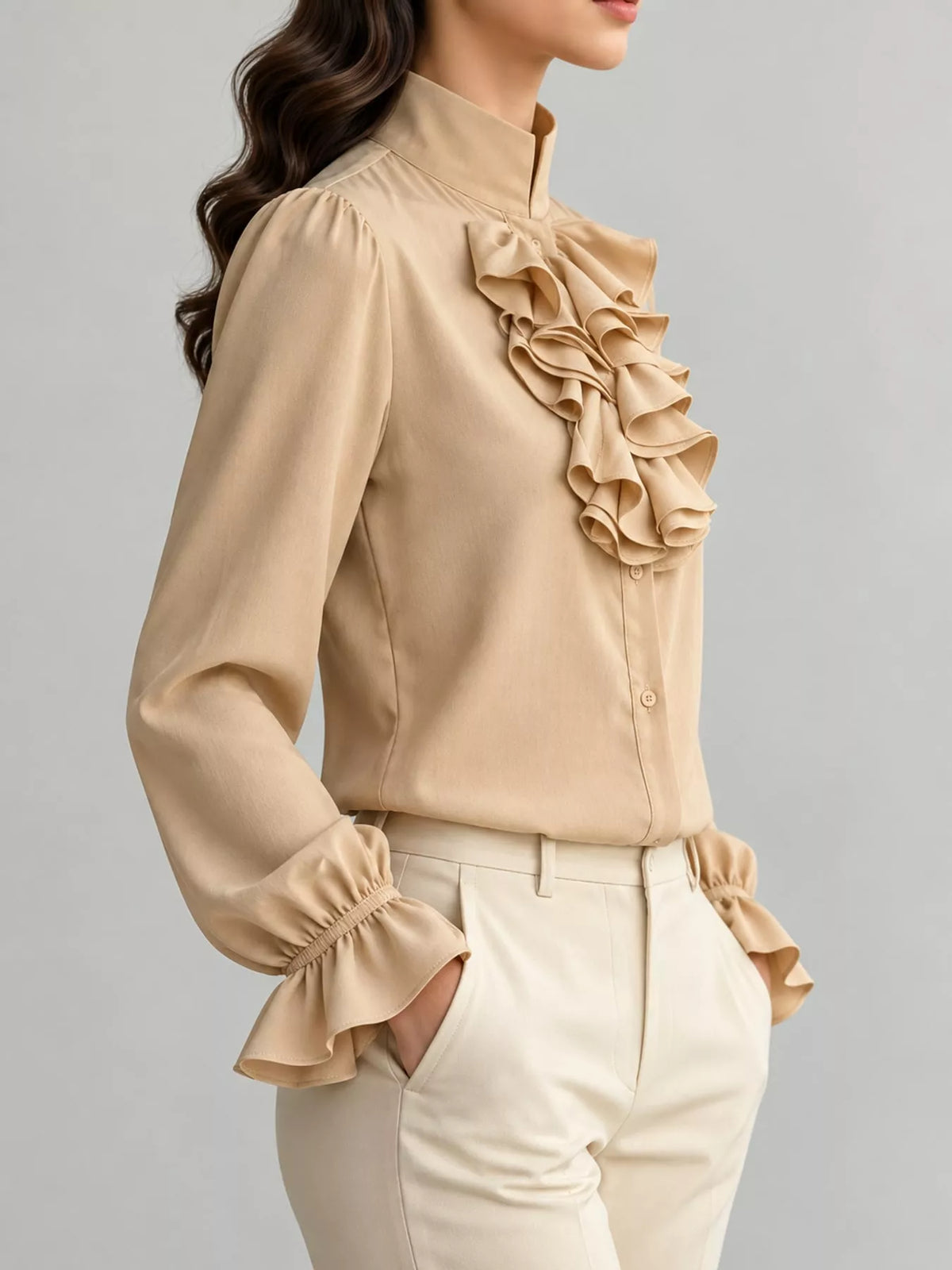 Ruffled Stand-Collar Blouse with Long Lantern Sleeves, side view