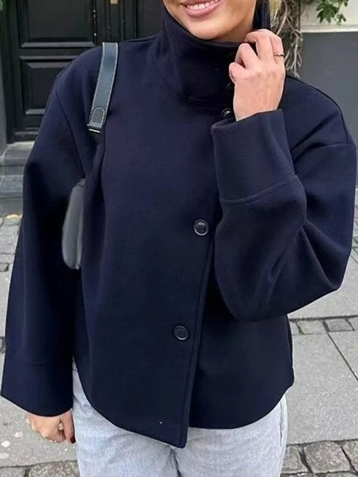 Dark Blue stand-collar button-up jacket