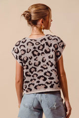 Trendsi SO ME Big Metal Button Front Leopard Sweater Vest Top -