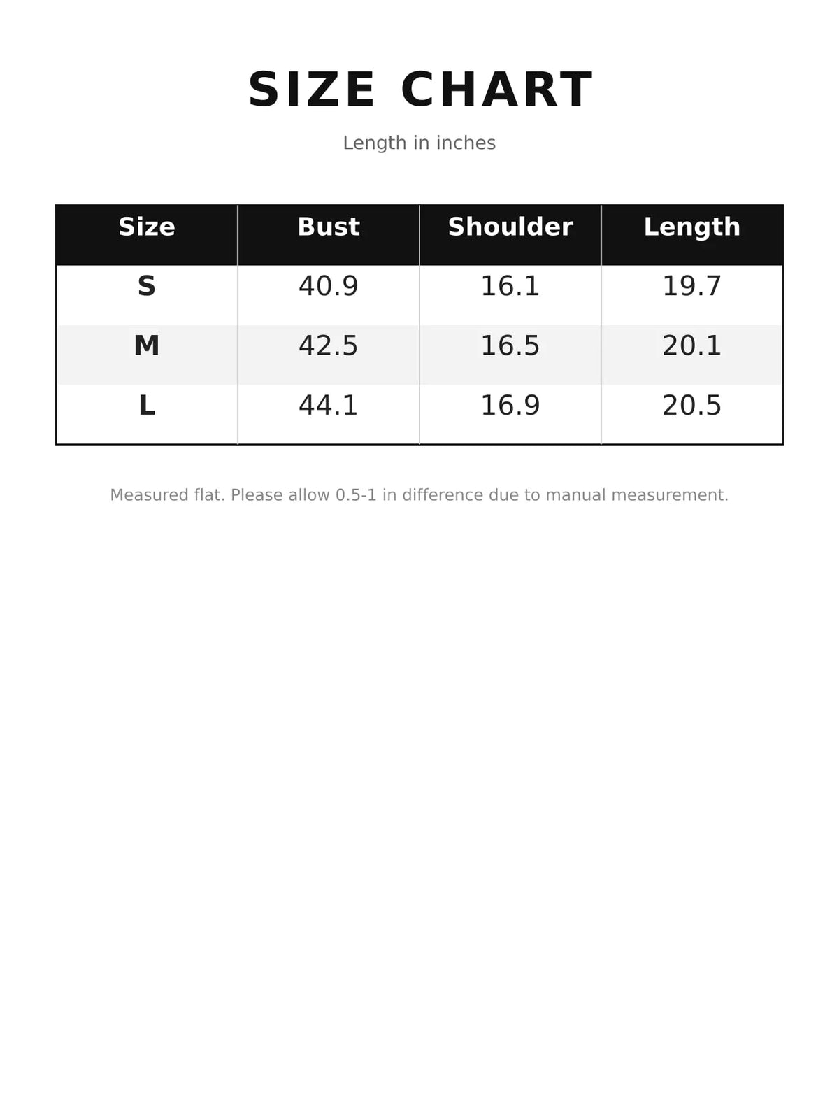 Size chart for button down long sleeve jacket