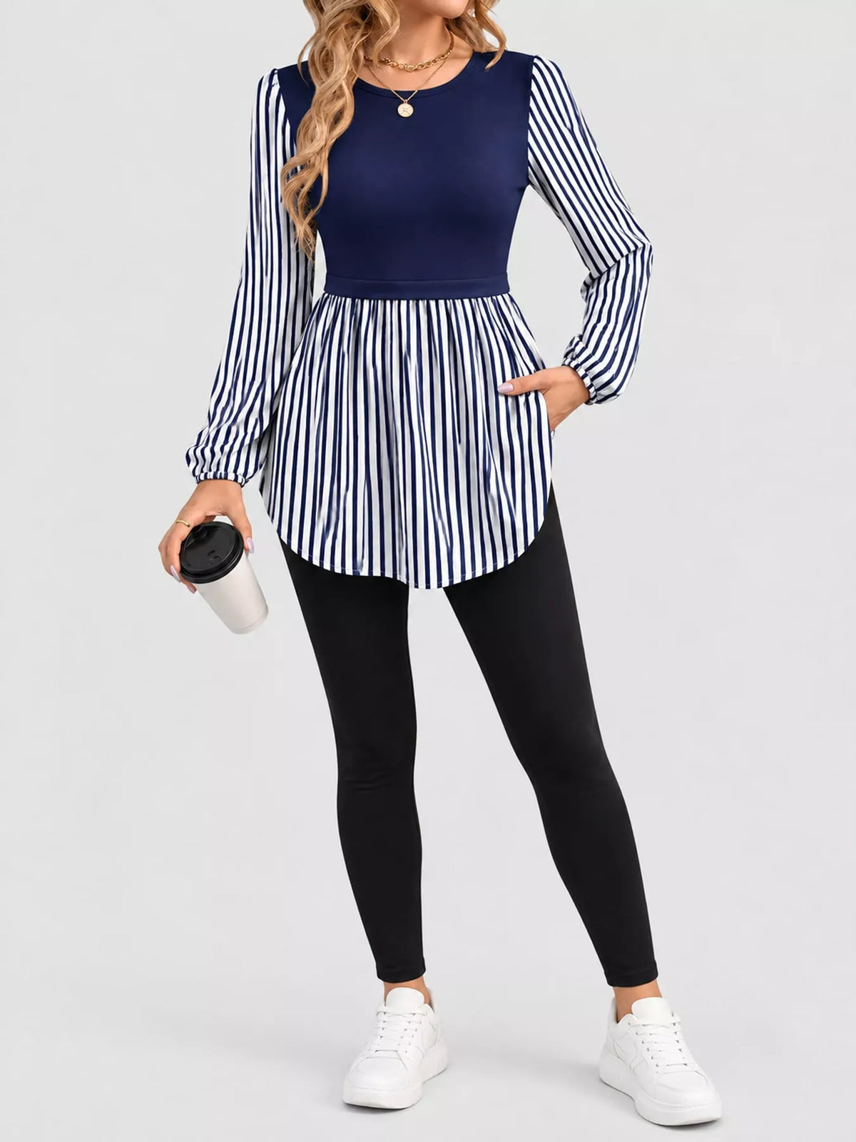 Contrast Panel Long Sleeve Tunic Blouse — front view