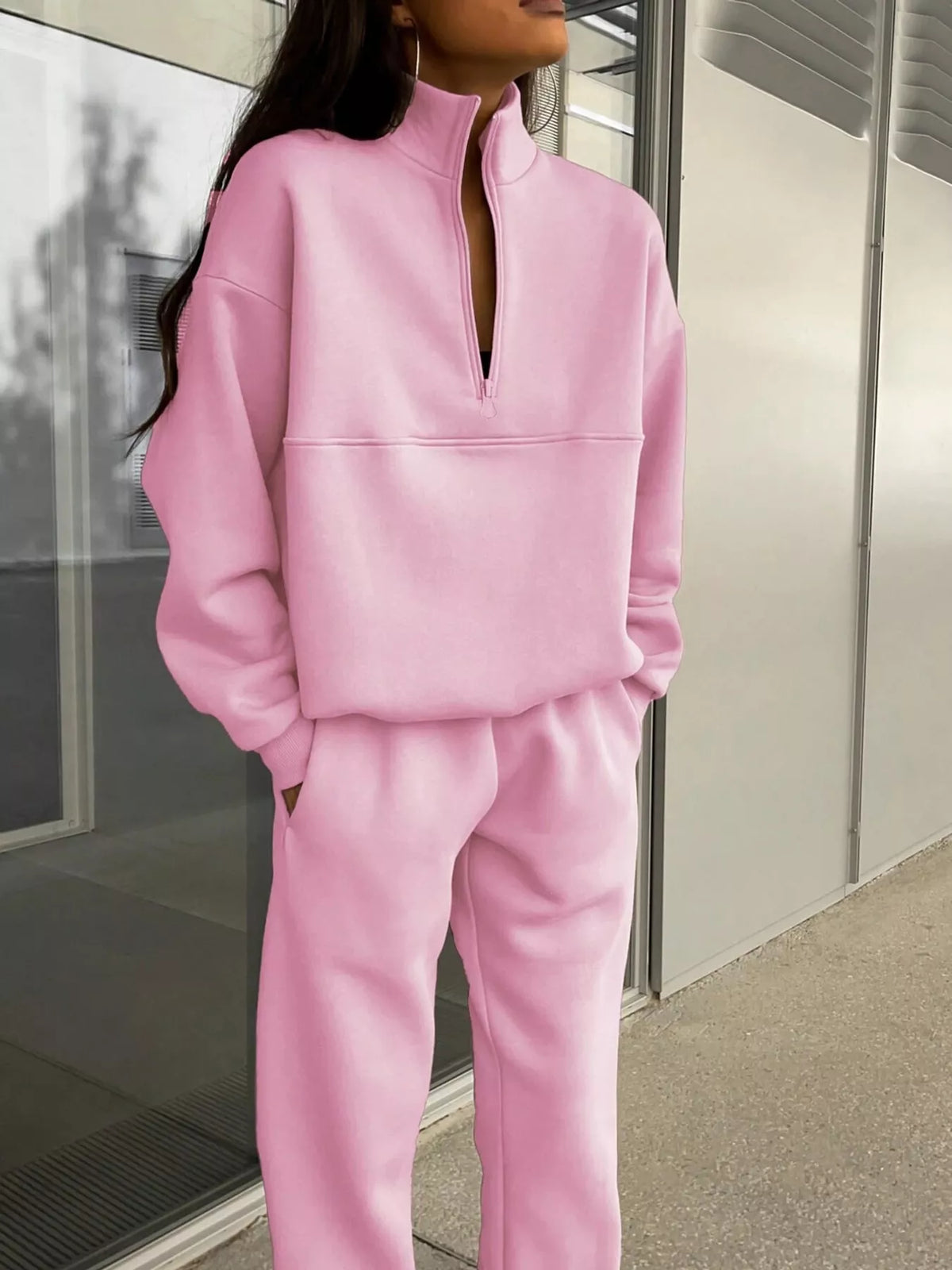 Half-zip top and pants set, pink front