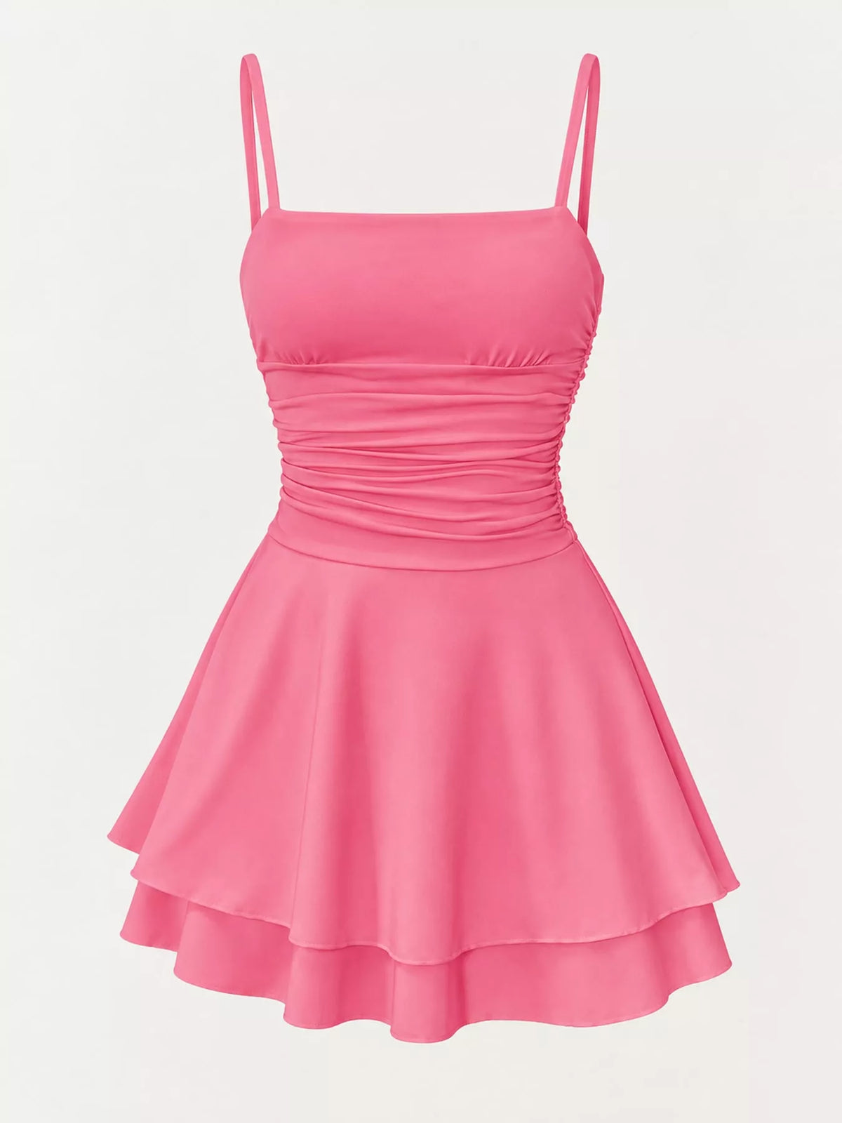 Pink ruched spaghetti strap layered mini dress, front product view