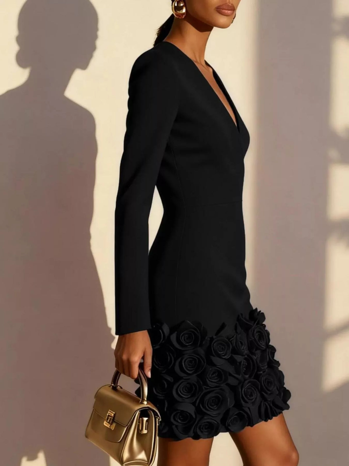 V-neck rose-hem mini dress in black, side view