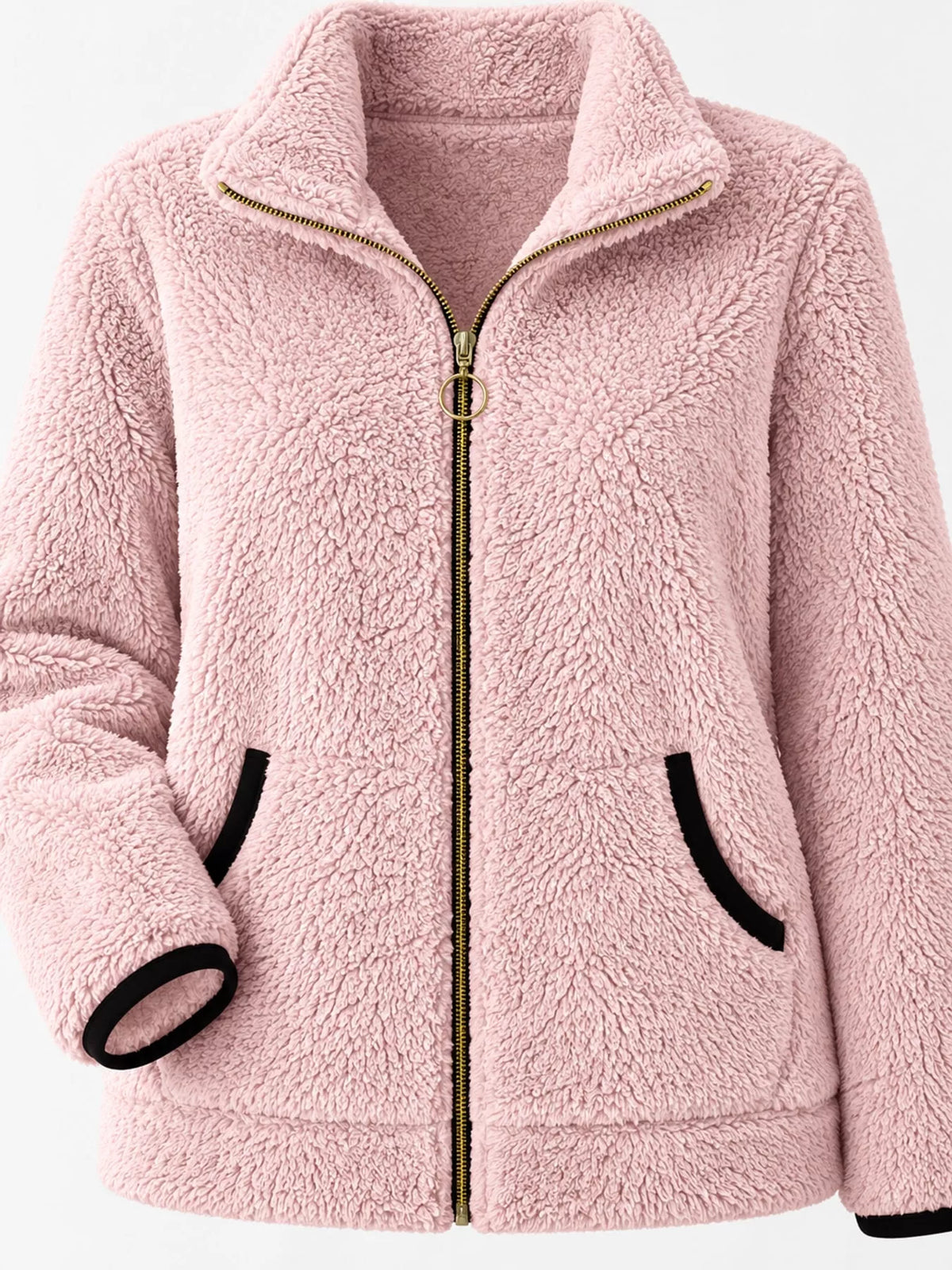 Contrast-trim fleece jacket, pink zip pocket detail