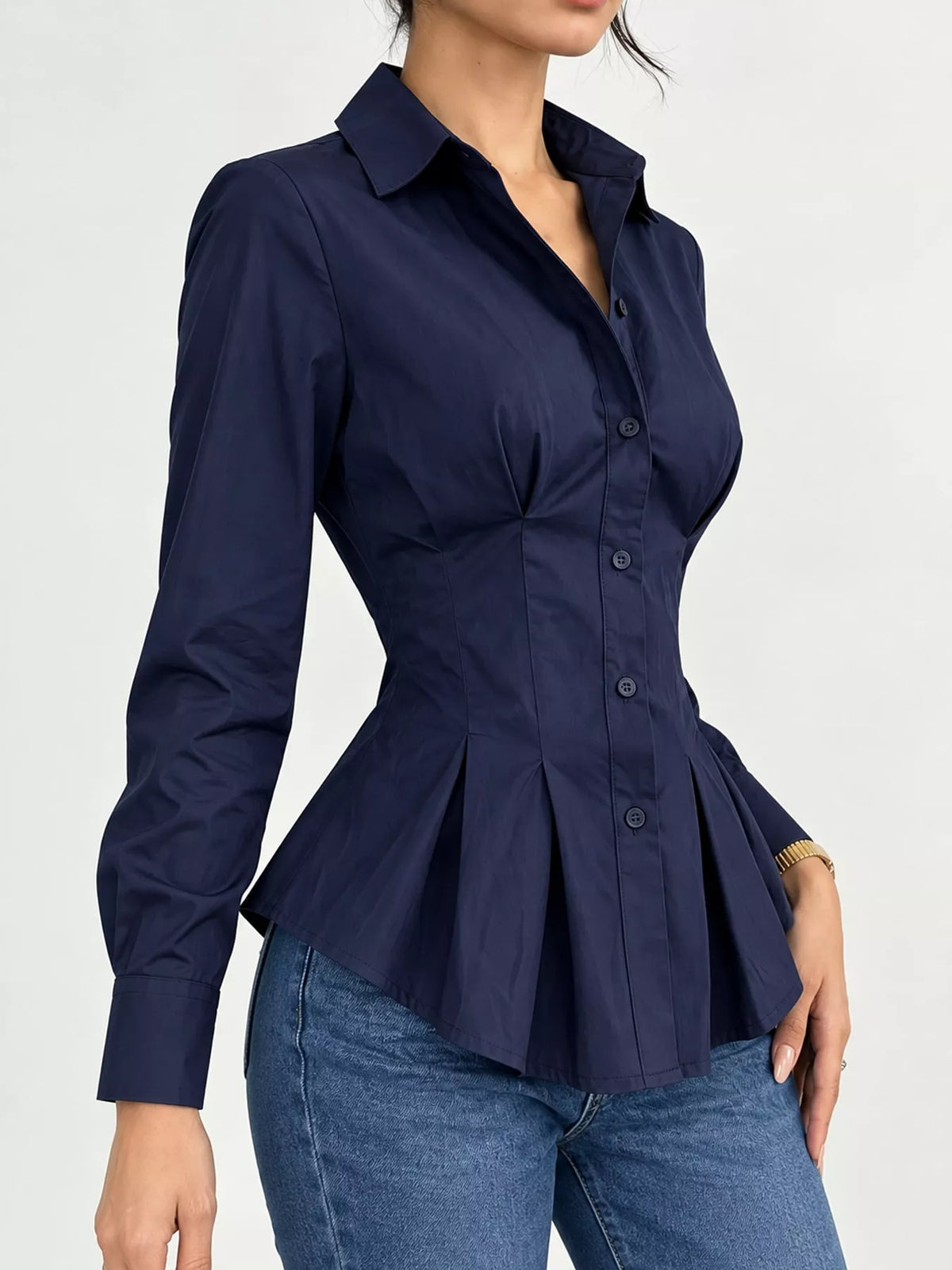 Button-Down Peplum Blouse with Fitted Waist, side view