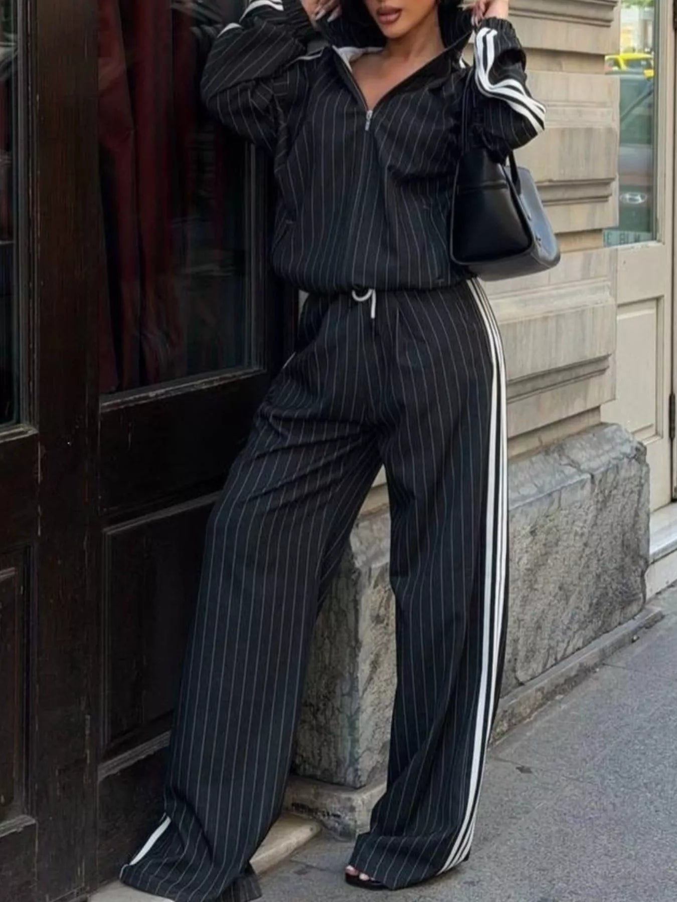 Trendsi Side Stripe Zip Up Jacket and Pants Set -