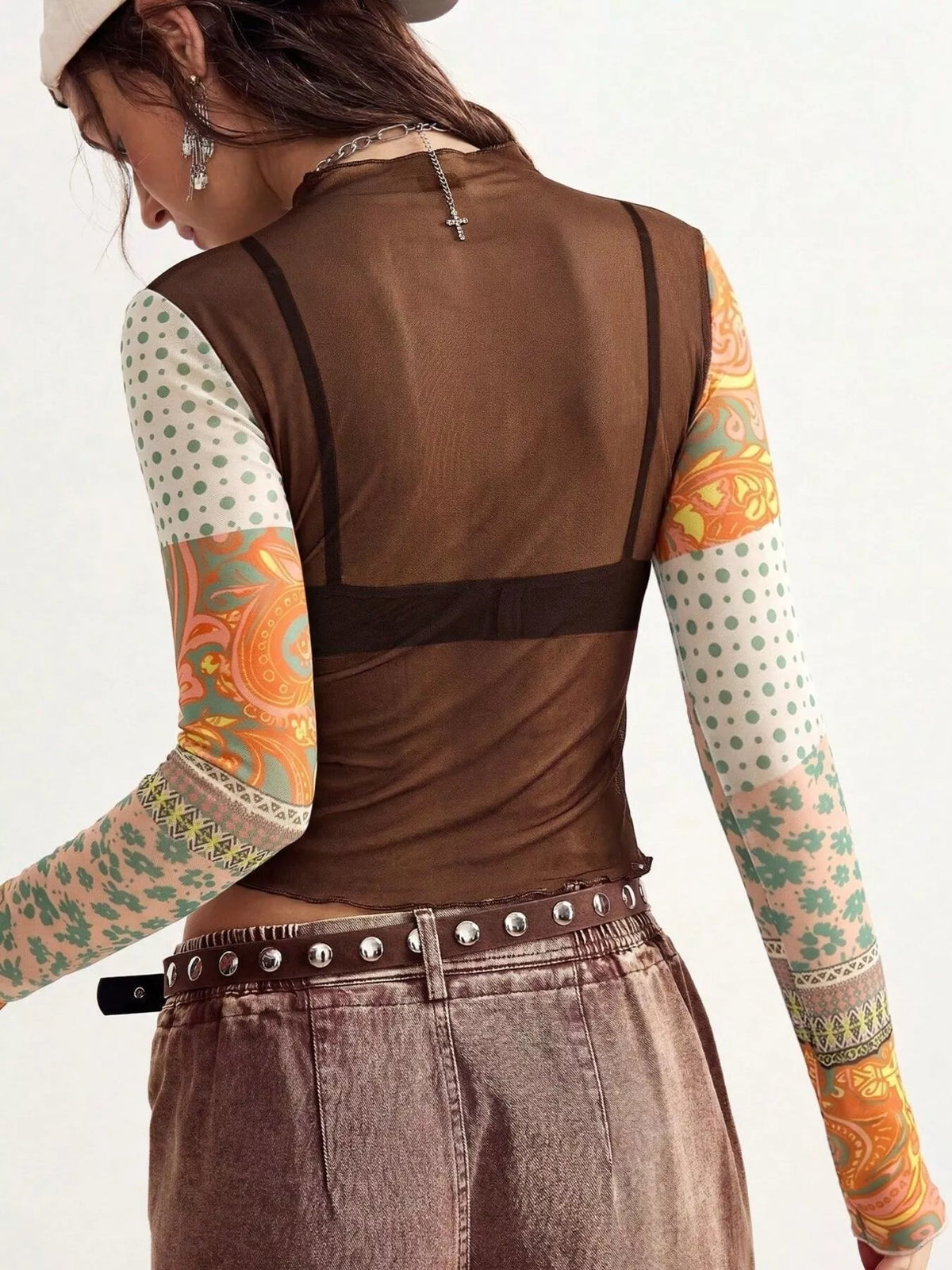 Trendsi Floral Print Mesh Mock Neck Long Sleeve Top -