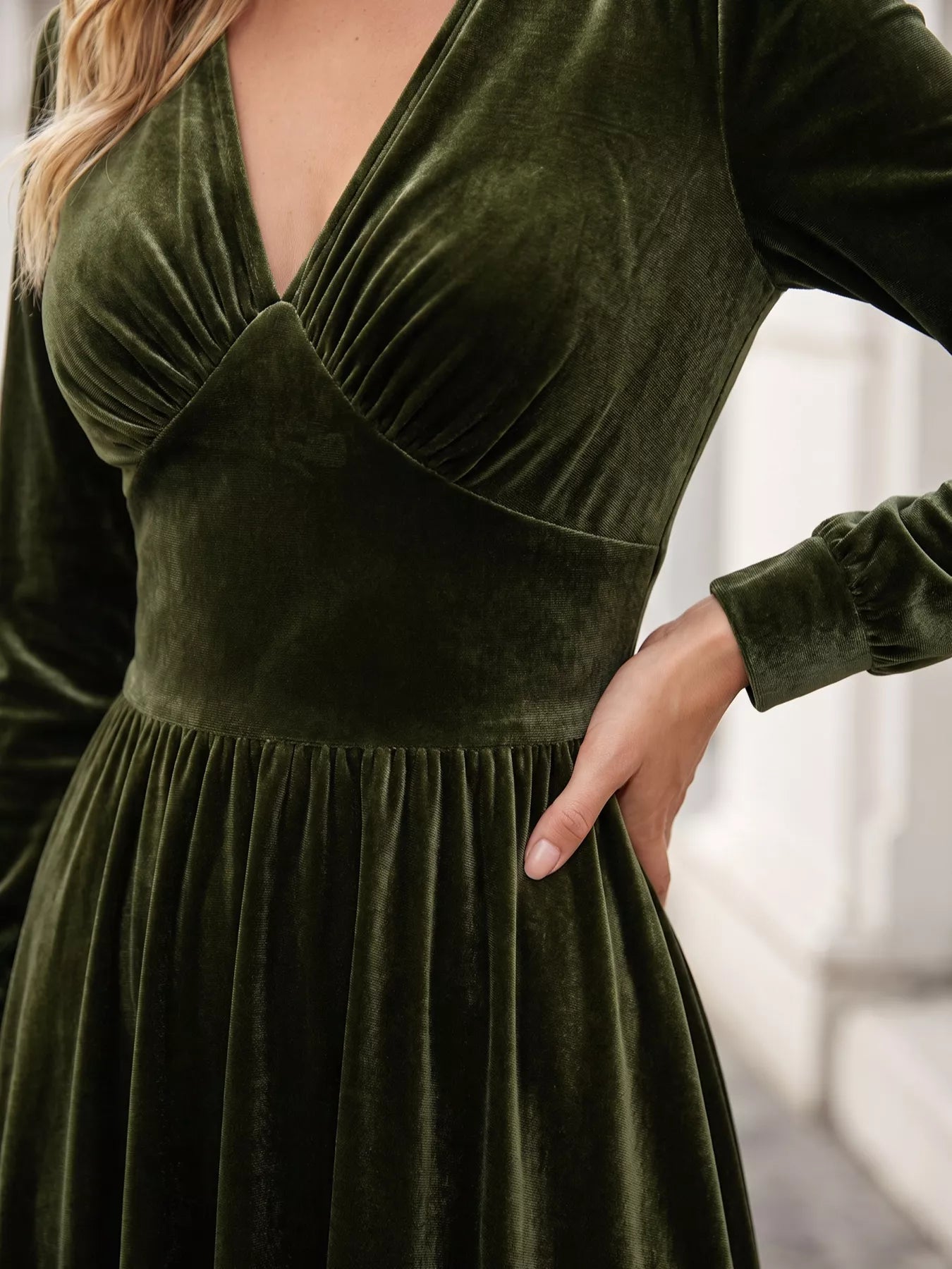 Trendsi Plus Size V-Neck Long Sleeve Velvet Maxi Dress -