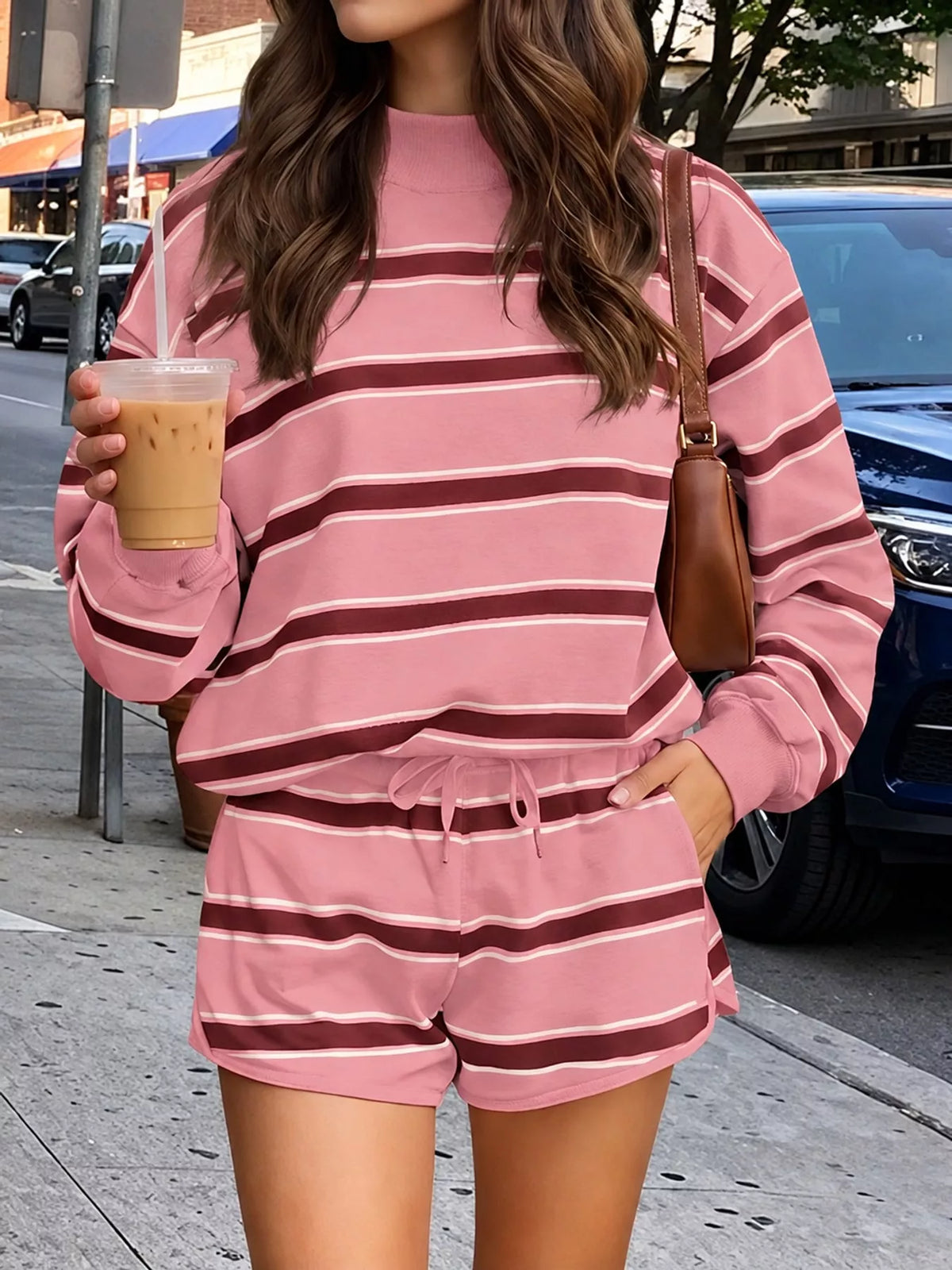 Mock neck long sleeve outfit set, front view on model