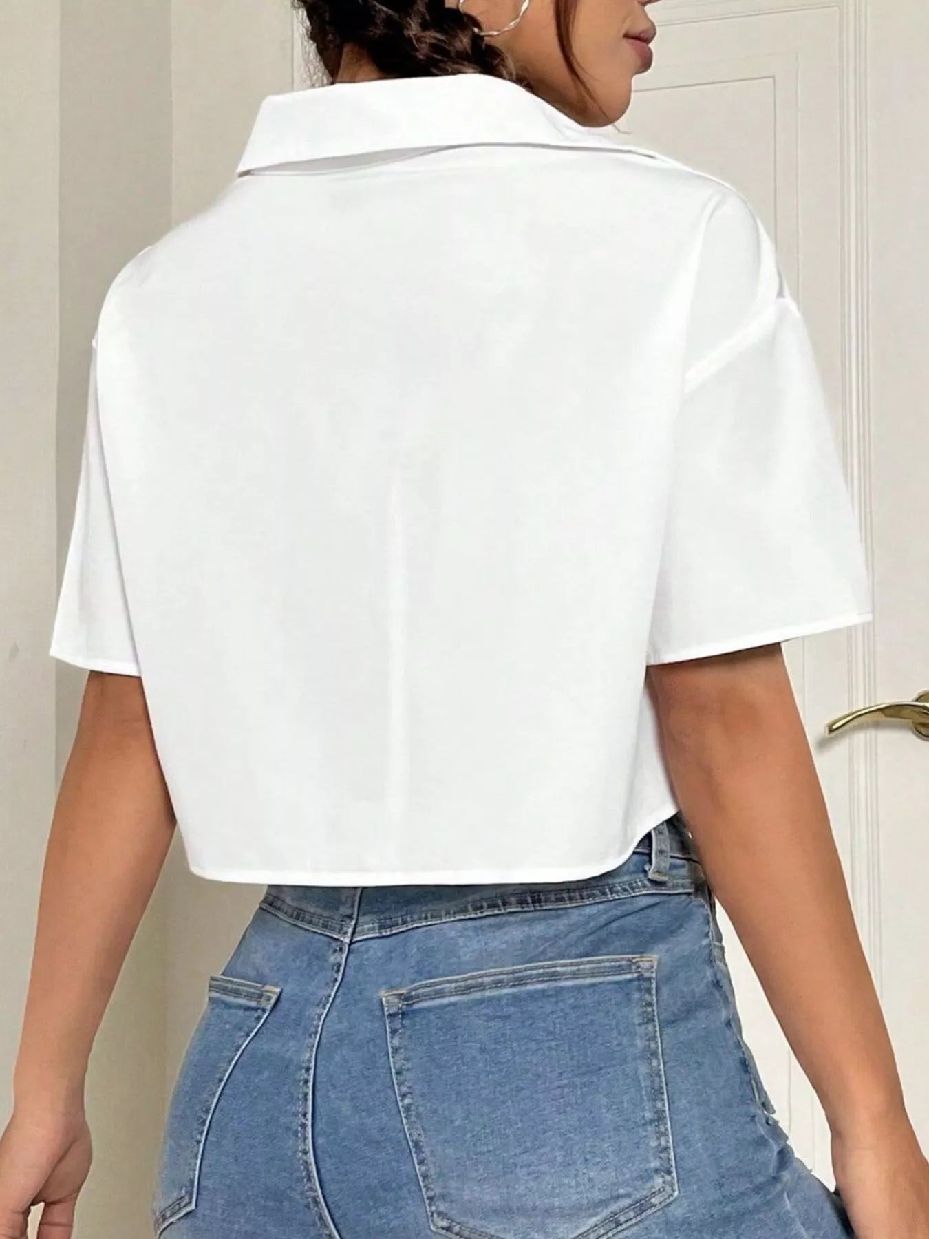 Trendsi Short Sleeve Crop Shirt with Chest Pockets -