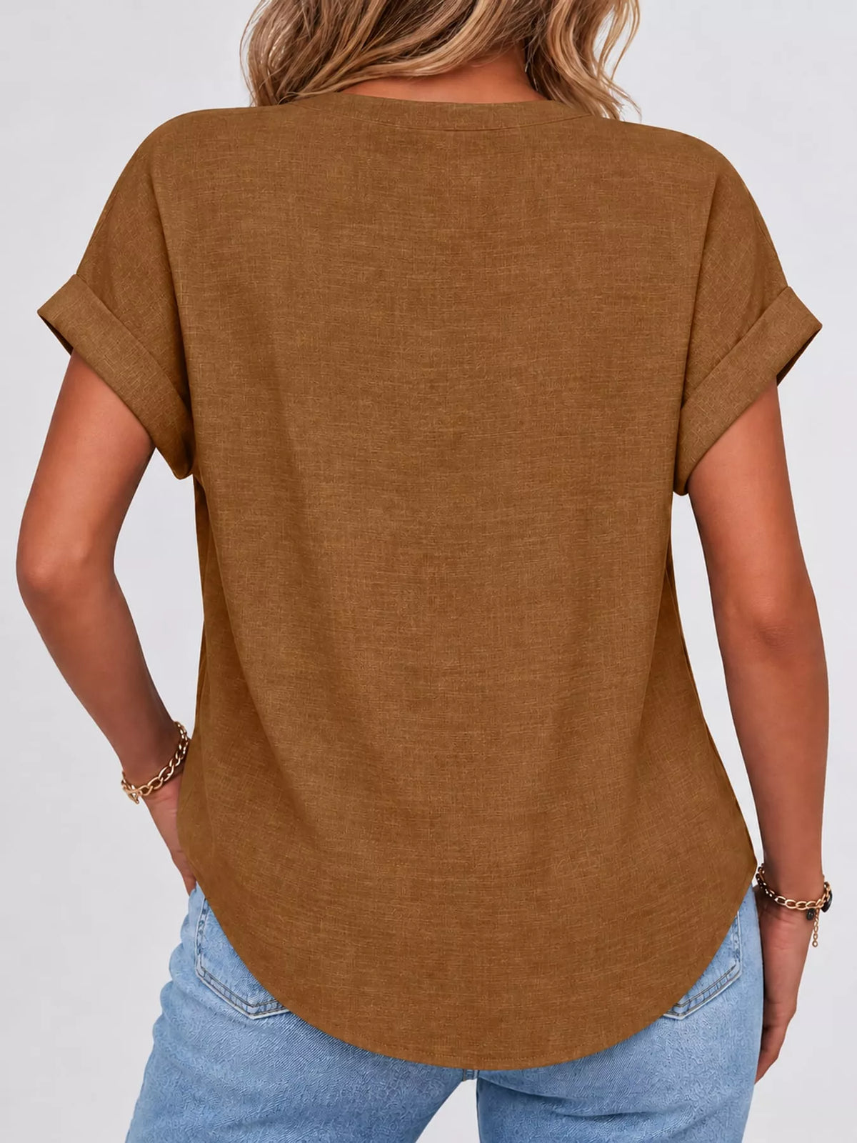 Brown button detail short sleeve blouse, back view
