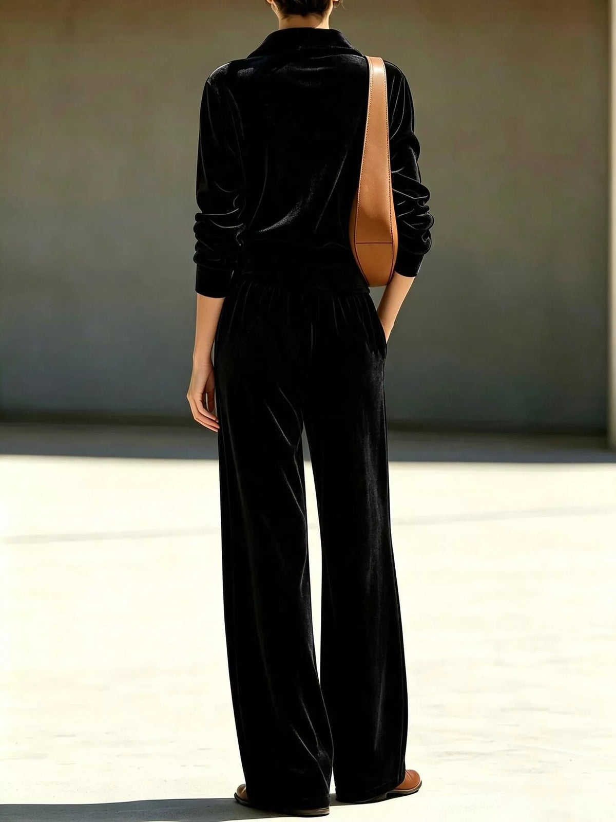 Women's Half Zip Sweatshirt and Wide-Leg Pants Set in black — back view