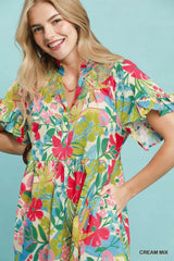 Trendsi Umgee Tropical Floral Ruffle Sleeve Tiered Midi Dress -