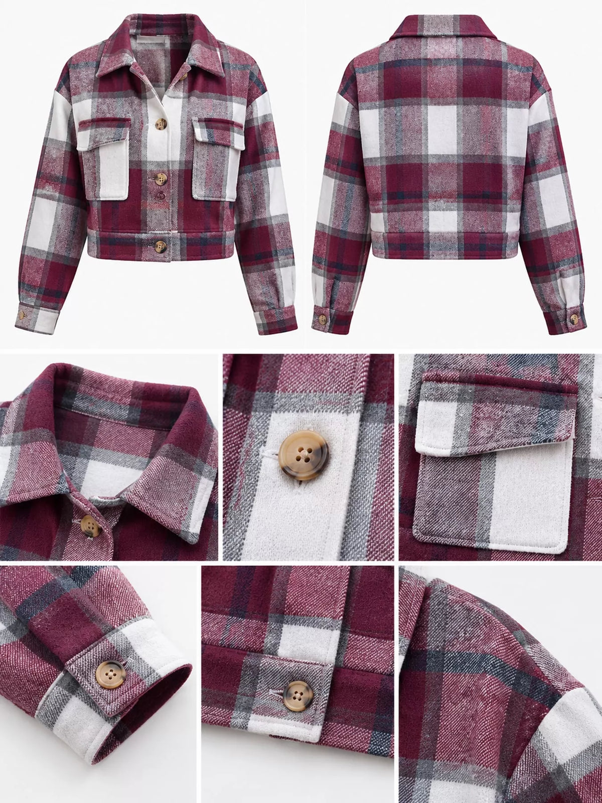 Plaid cropped jacket, burgundy plaid detail collage