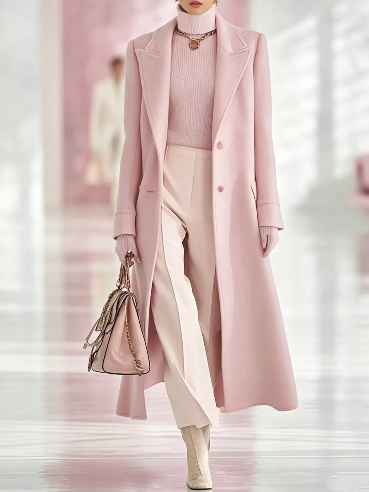 Women's Lapel Collar Longline Coat in pink — front view