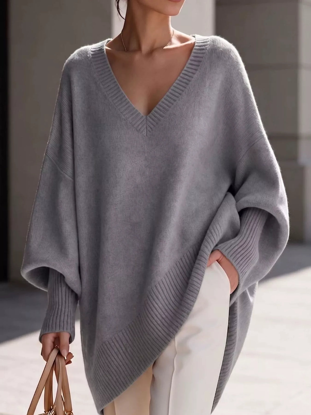 Batwing sweater, light gray front