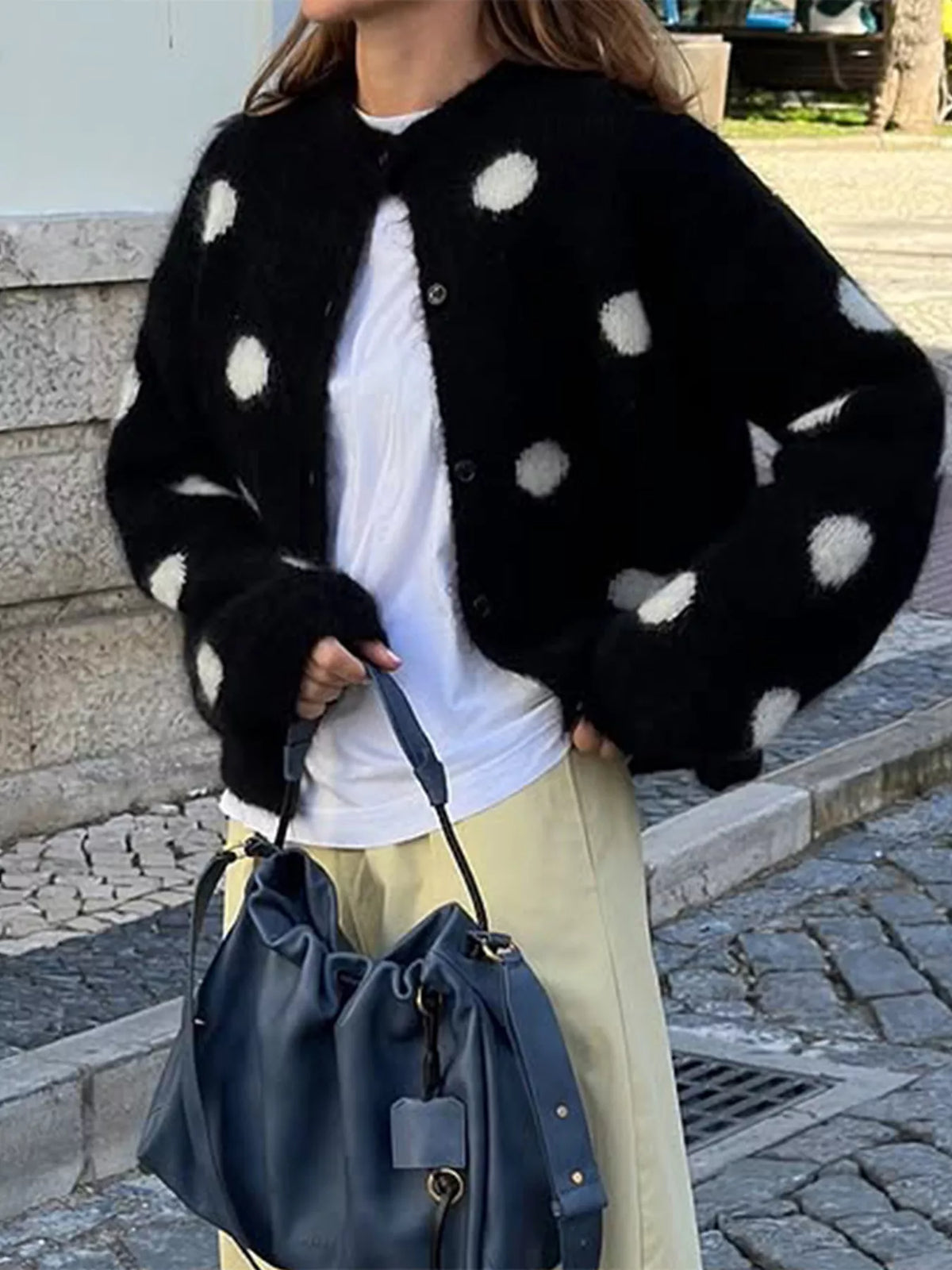 Black polka dot fuzzy knit button-up cardigan