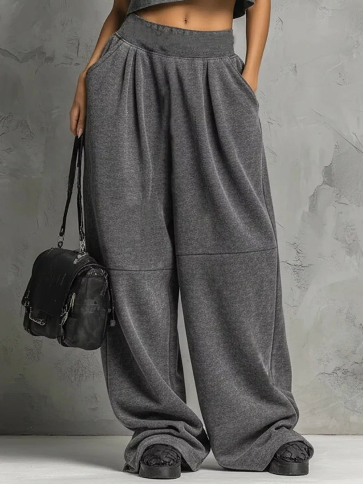Gray Mock Neck Crop Top & Wide-Leg Sweatpants Set pants and waistband detail