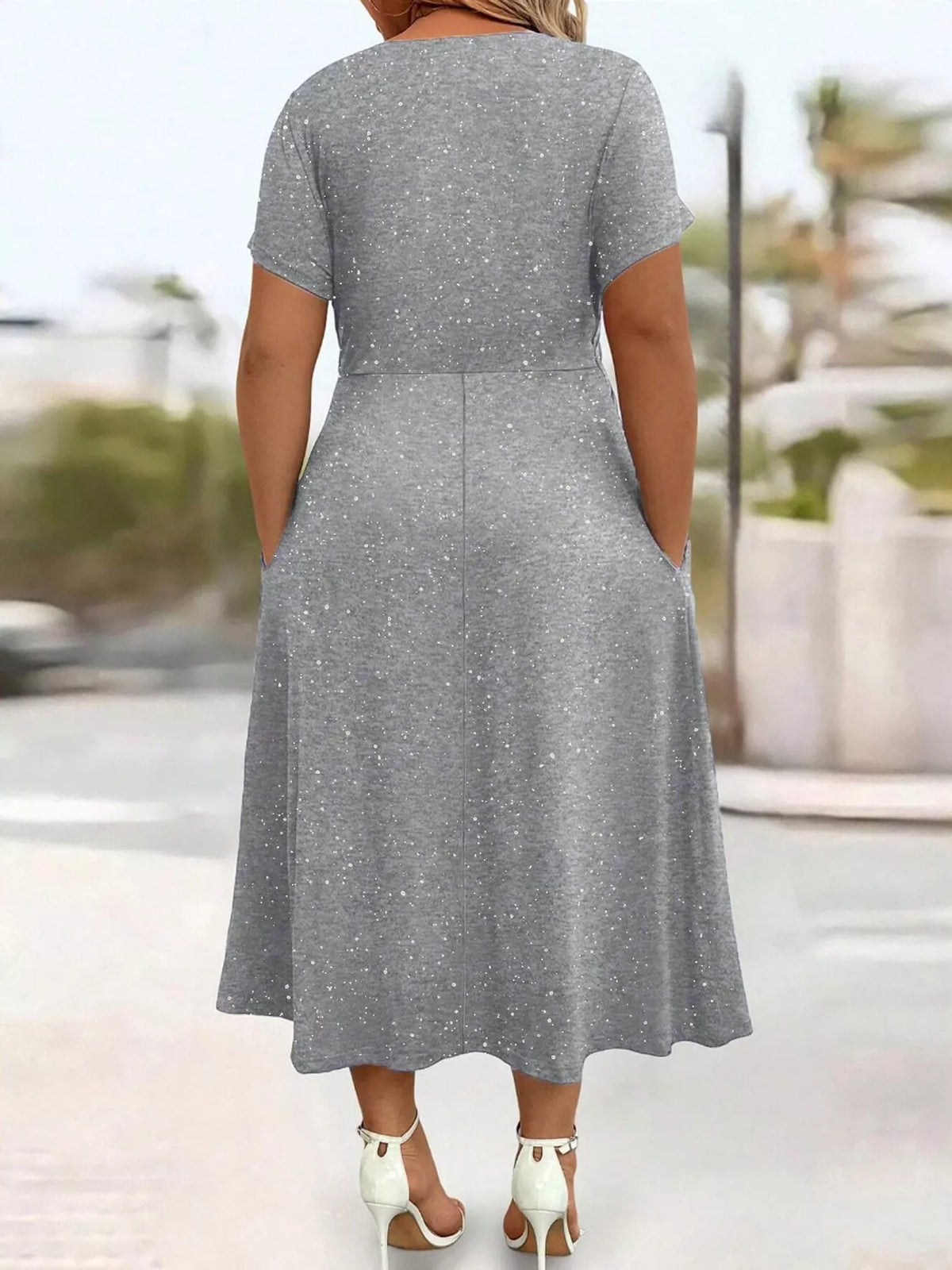 Gray speckled short sleeve midi dress with pockets, back view
