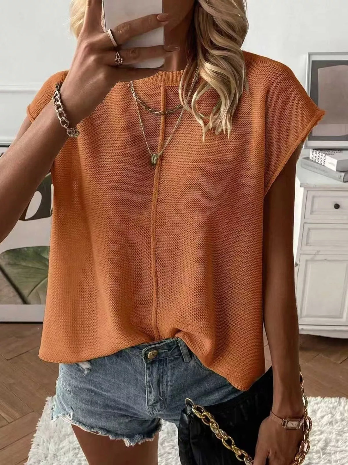 Women's Seam Detail V-Neck Sweater Vest in orange — front view