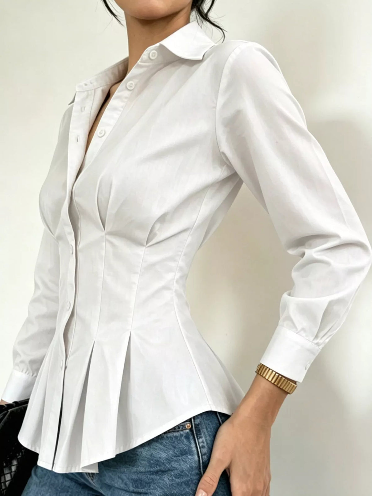 Button-Down Peplum Blouse with Fitted Waist, side view