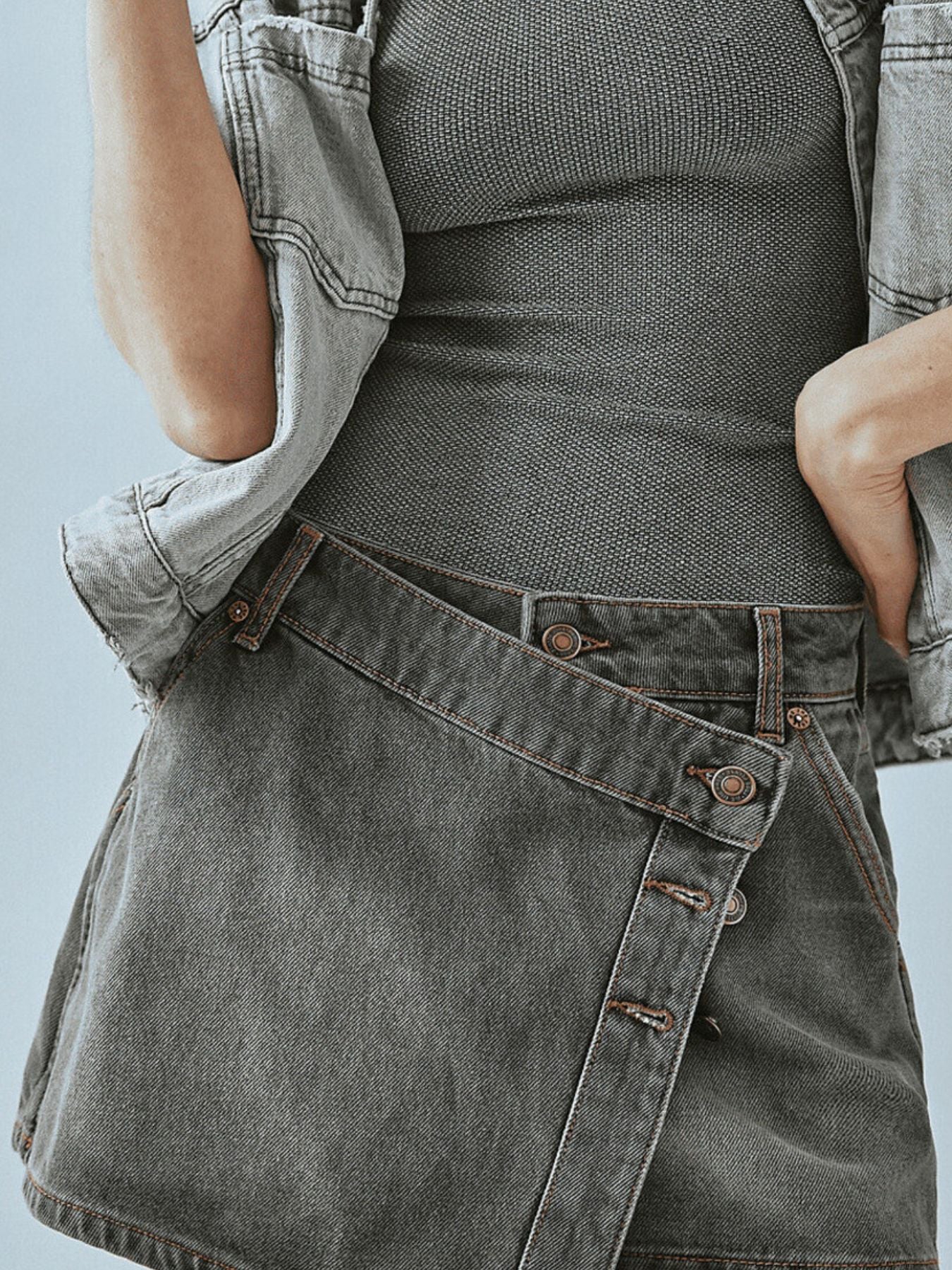 Trendsi Asymmetrical Button-Front Denim Skirt -