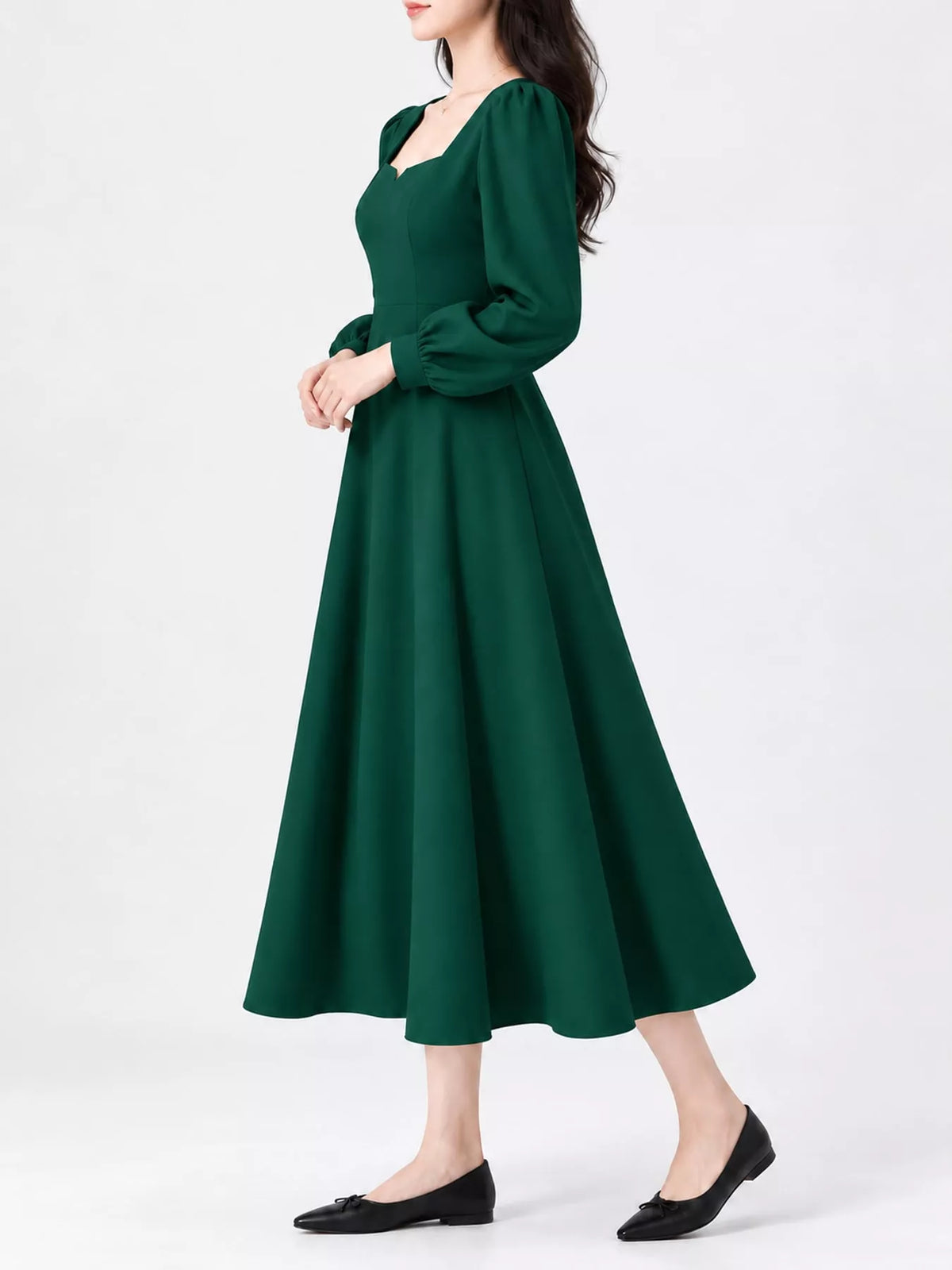 Green long sleeve a line midi dress, side view