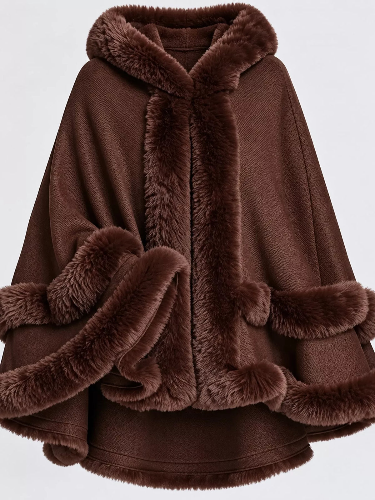 Faux-fur-trim cape, dark brown trim detail