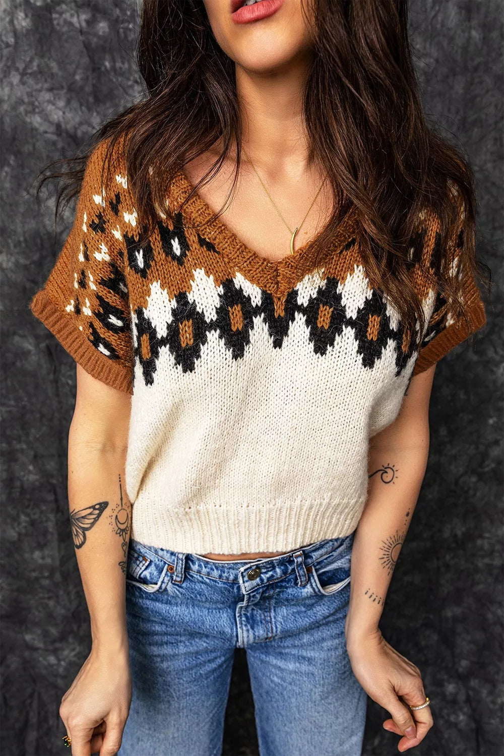 Trendsi V Neck Short Sleeve Geometric Sweater -