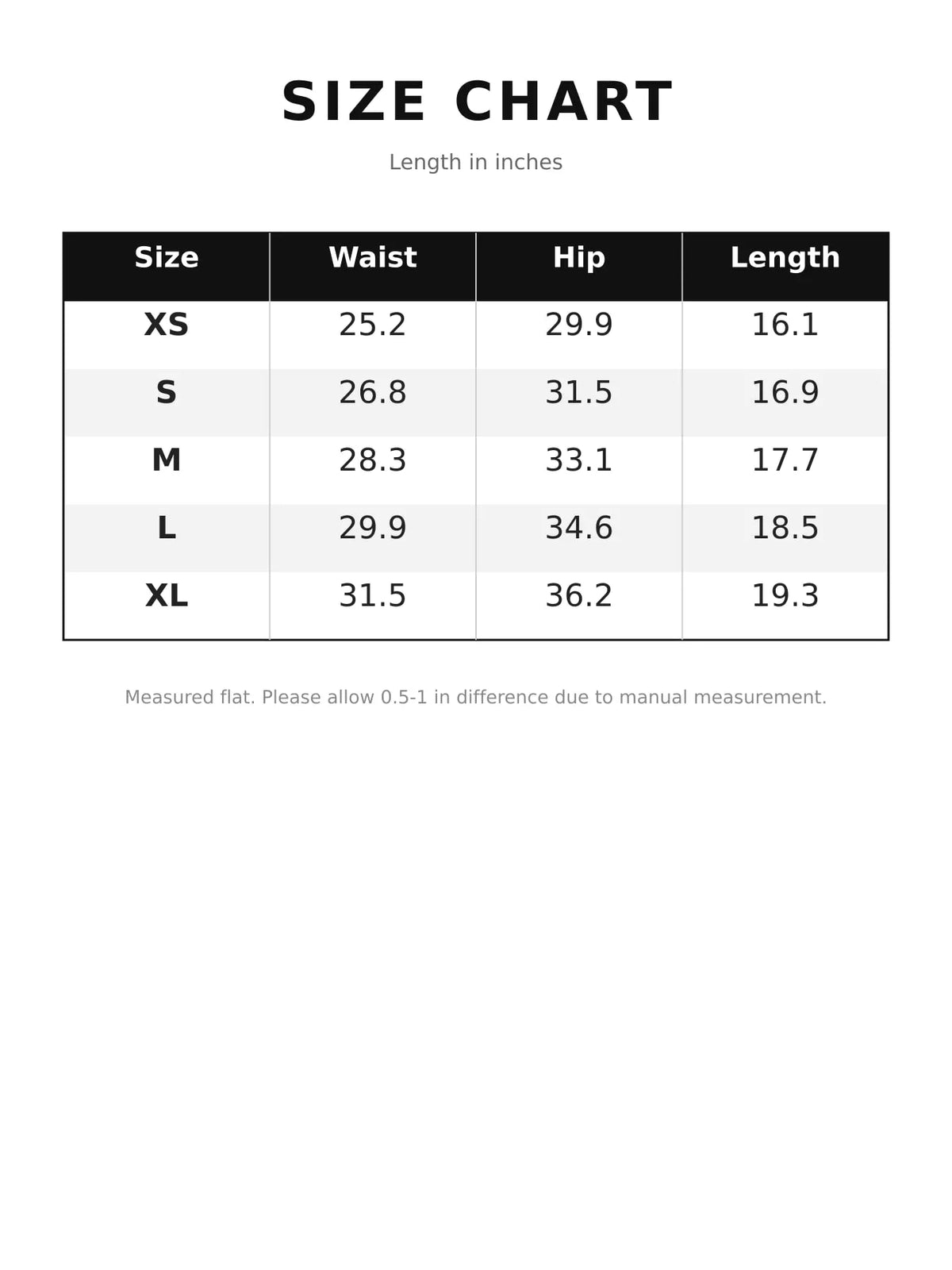 Ruched Bodycon Mini Skirt — size and measurement chart