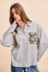 Trendsi BiBi Flower Jacquard Knit Patch Pocket Stripe Shirt -