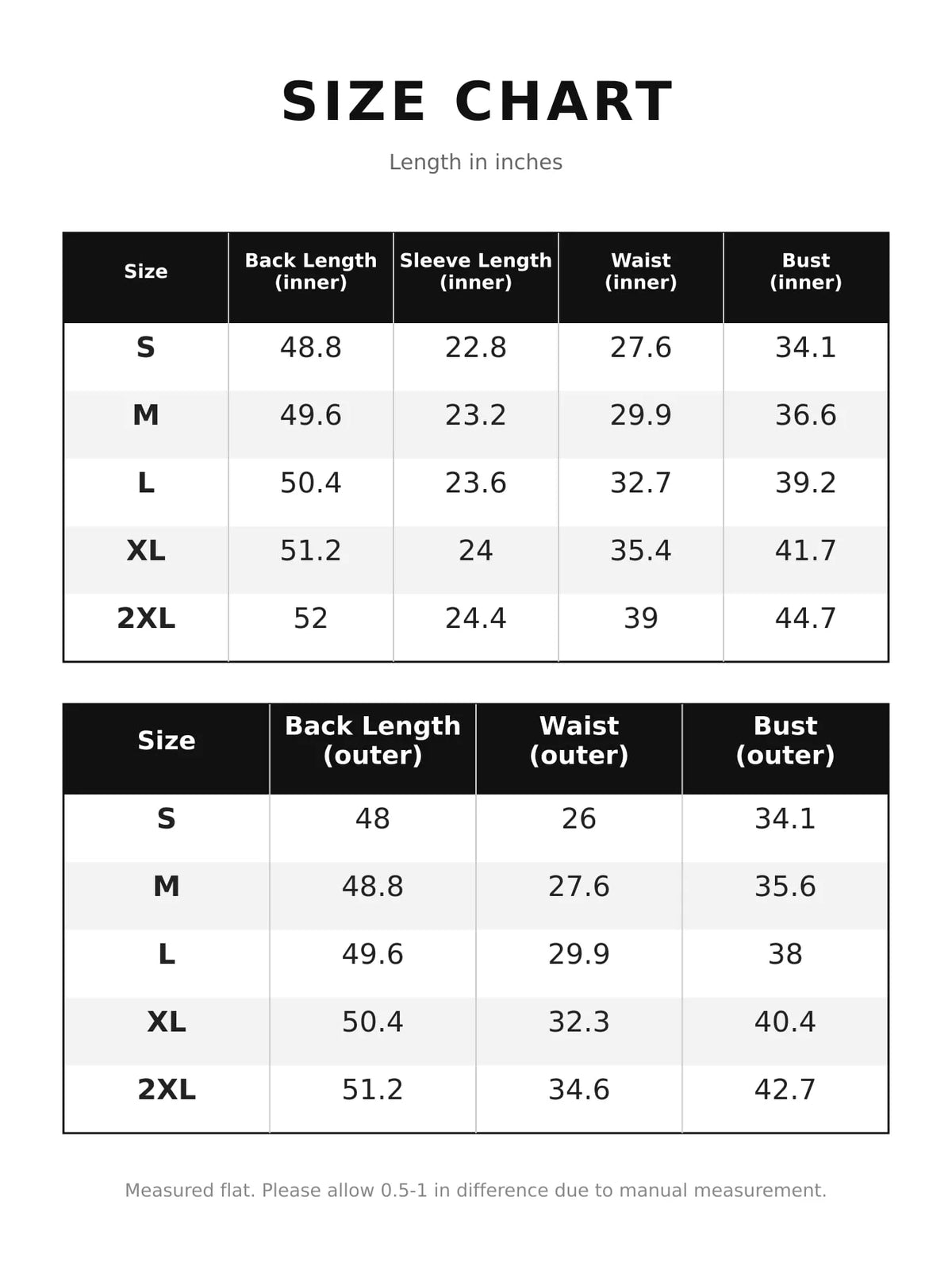 Size chart for corset style lace-up bell sleeve dress