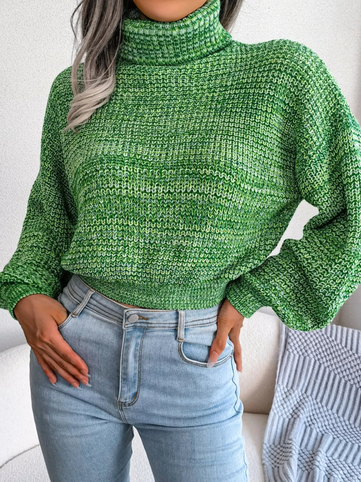 Turtleneck Dropped Shoulder Sweater in green, front view