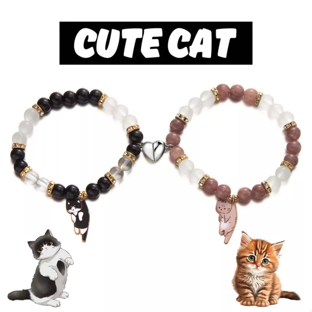 Trendsi 2 Piece Beaded Cat Charm Bracelet -