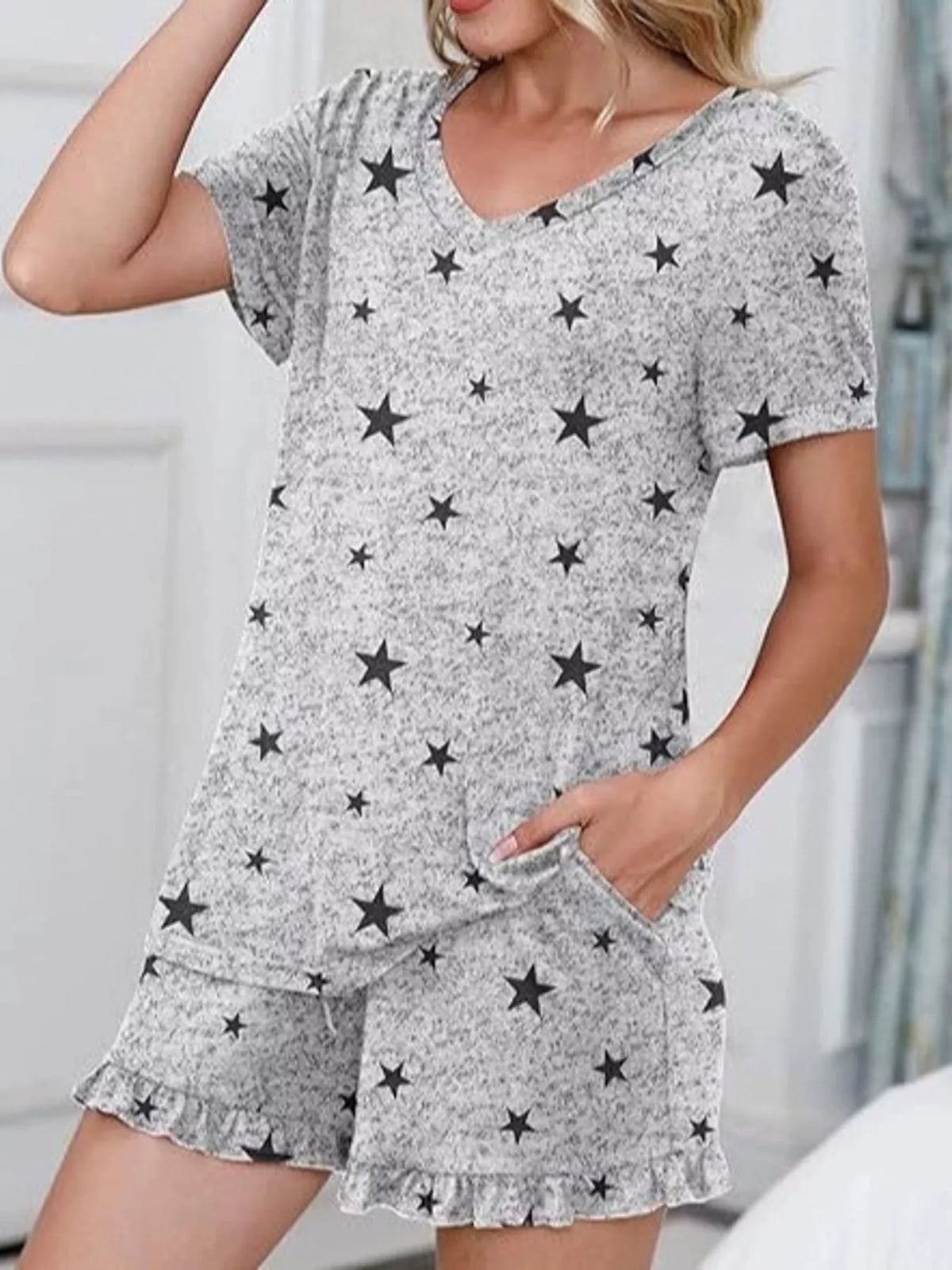 V-Neck Short Sleeve Lounge Set — front view