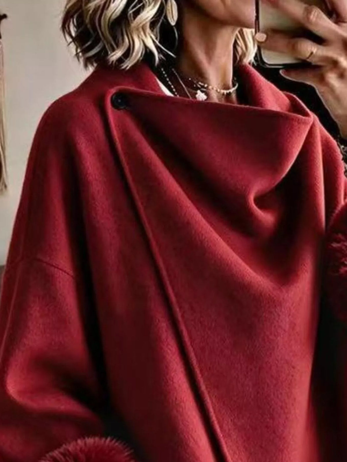 Asymmetric Buttoned Jacket with Faux Fur Cuffs, neckline detail