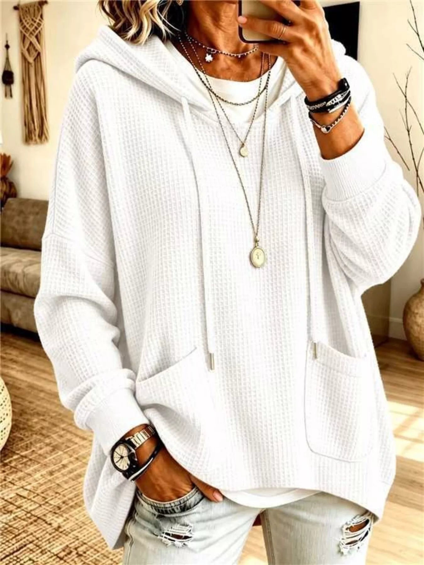 Trendsi Full Size Waffle Knit Hoodie with Pockets Plus Size -