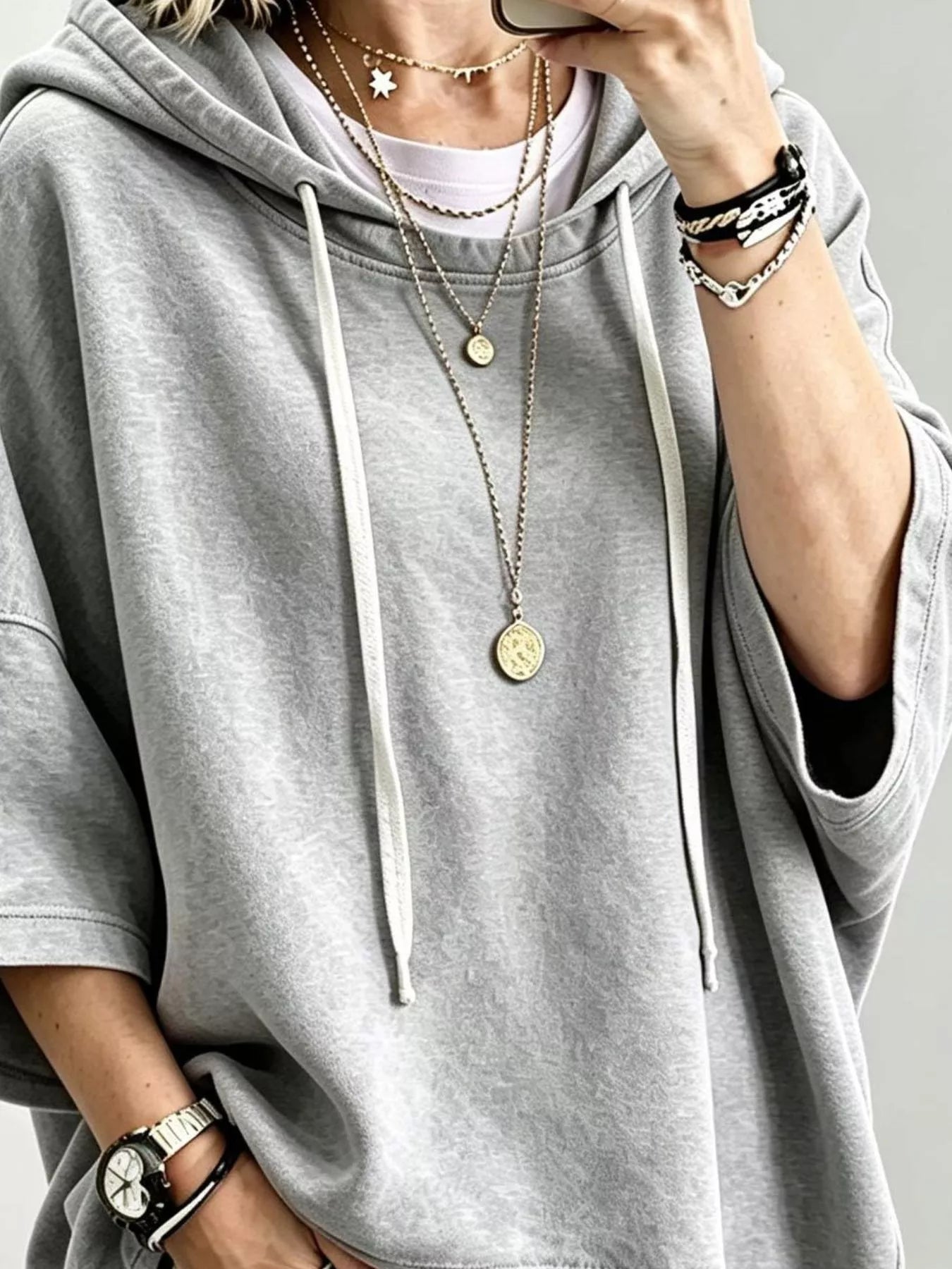 Trendsi Drawstring 3/4 Sleeve Hoodie -