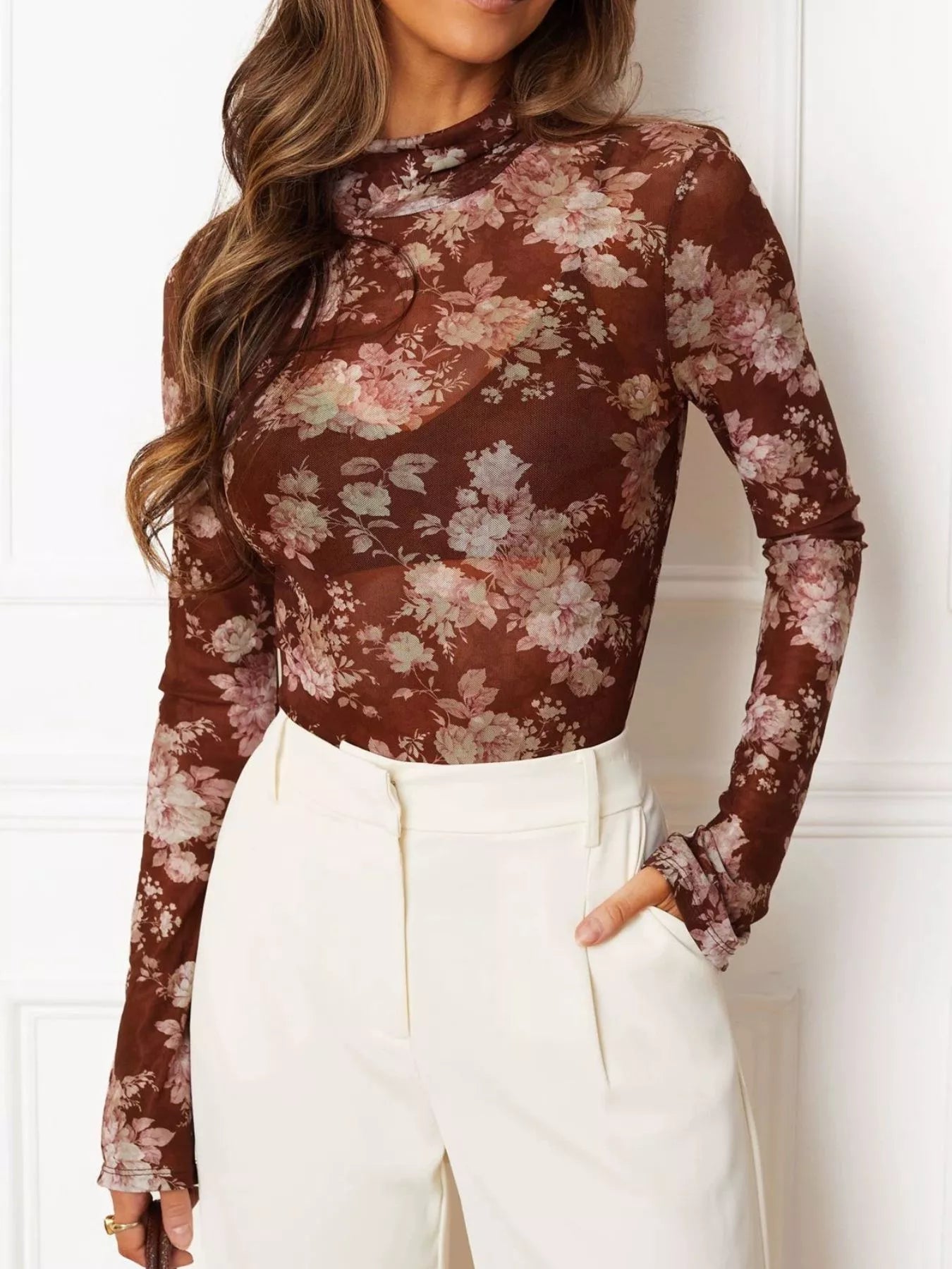 Trendsi Floral Print Sheer Mesh Long Sleeve Mock Neck Top -
