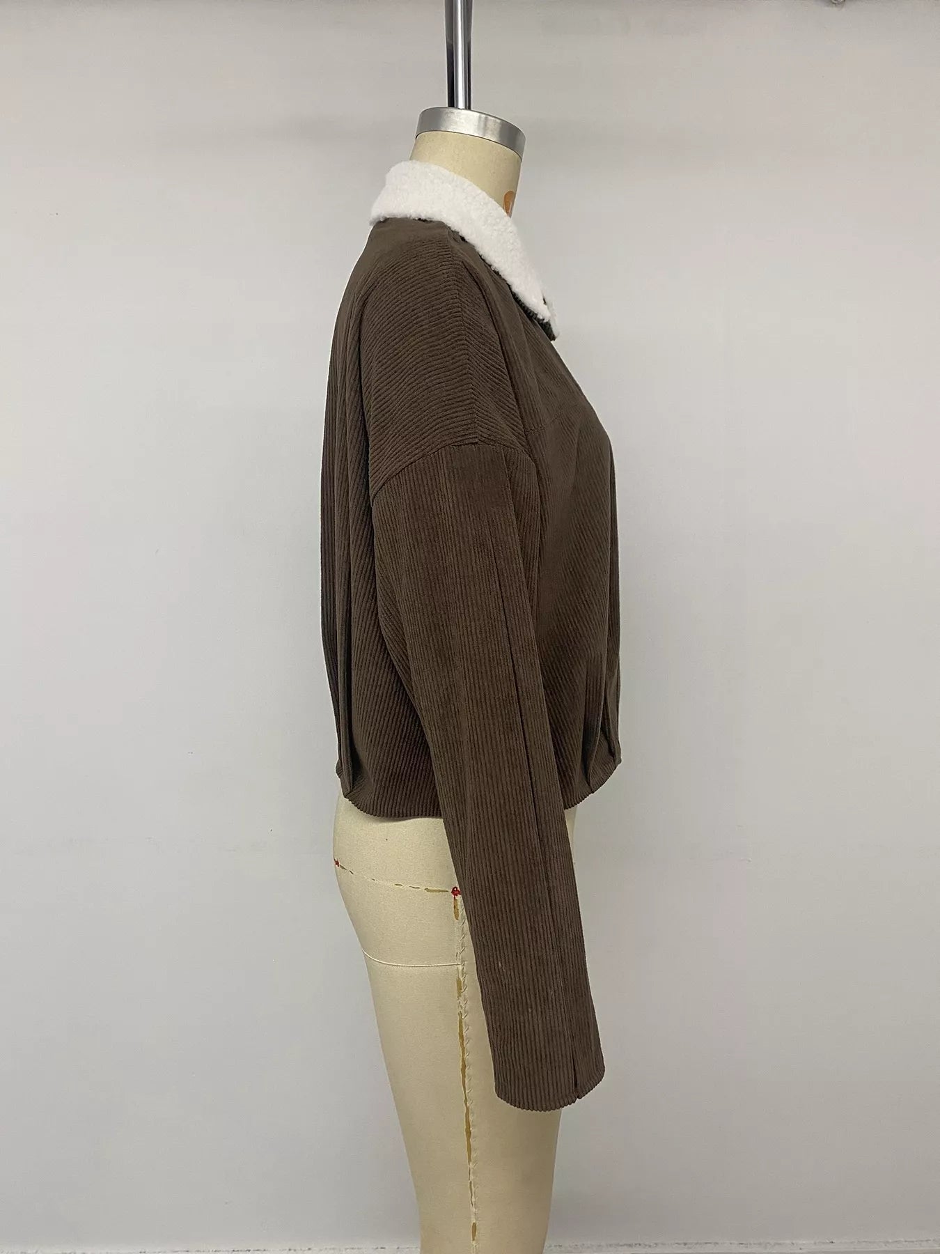 Trendsi Contrast Sherpa Collar Corduroy Zip Up Jacket -