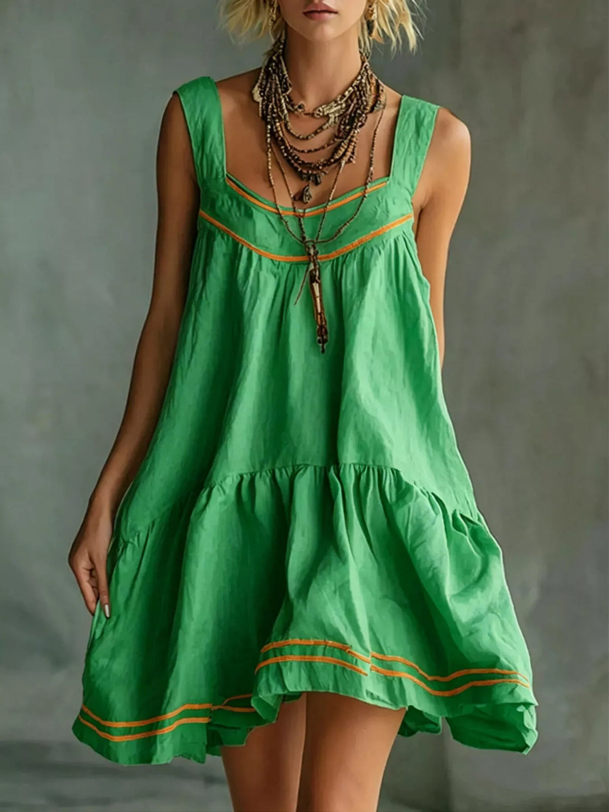 Sleeveless Tiered Mini Dress in green, front view